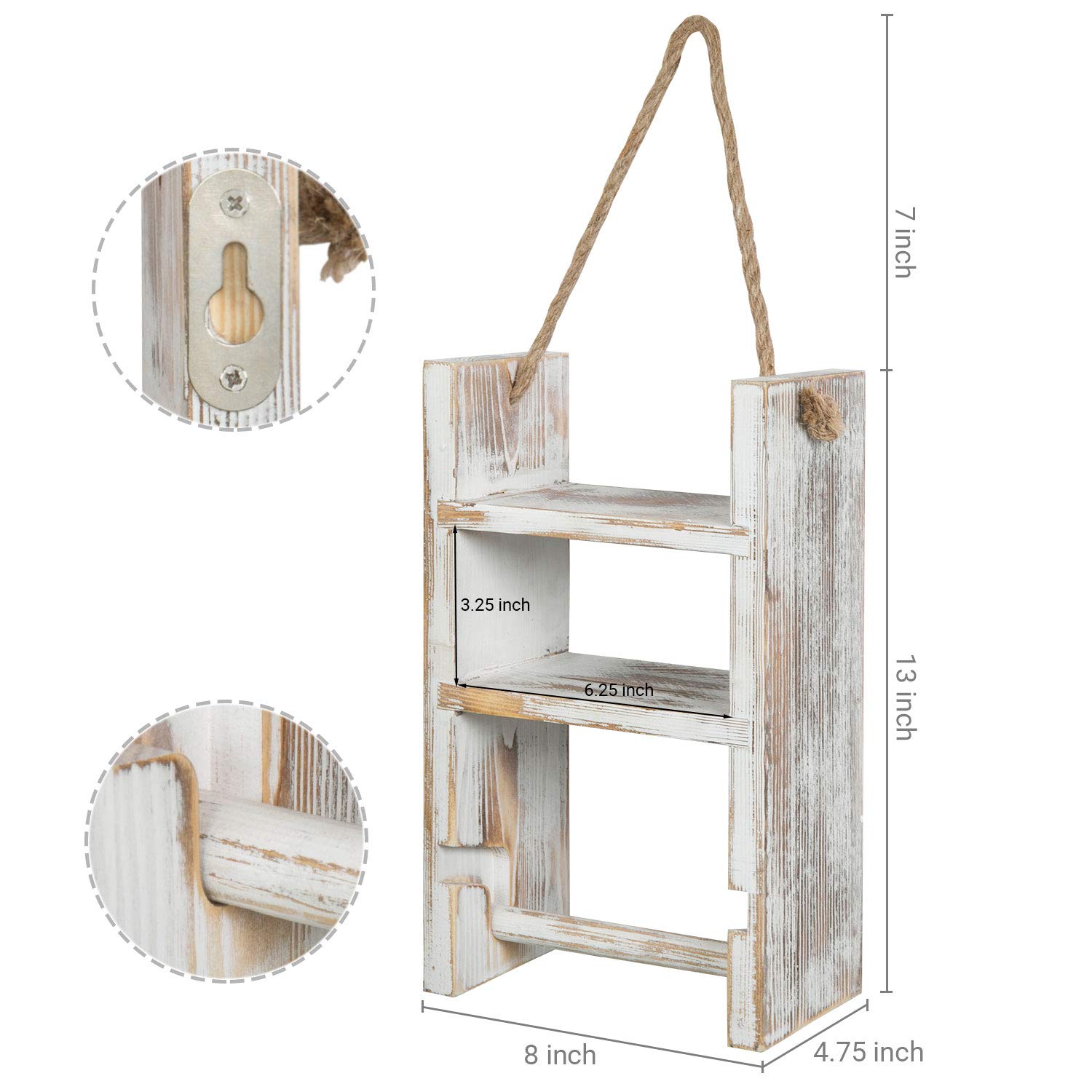 MyGift 2-Tier Hanging Whitewashed Wood Ladder Shelf - Rustic Rope Toilet Paper Holder - Bathroom & Farmhouse Decor for Storage & Organization - Perfect for Small Spaces, Vanity, and Towel Display