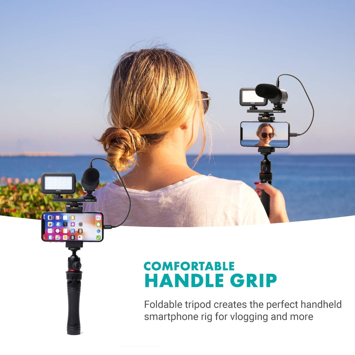 Movo iVlogger Vlogging Kit for iPhone with Tripod, Mount, LED Light & Microphone - YouTube Starter Kit for Content Creators - Perfect for Vlogging, Live Streaming & Social Media Content Creation (Lightning Compatible)