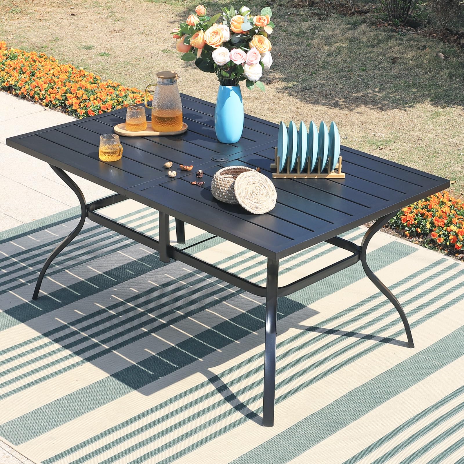 Sophia & William 7-Piece Outdoor Wicker Dining Set - Weather-Resistant Rattan Patio Furniture with Metal Umbrella Table & 6 Cushioned Chairs - Perfect for Garden, Backyard, Poolside & Outdoor Entertaining