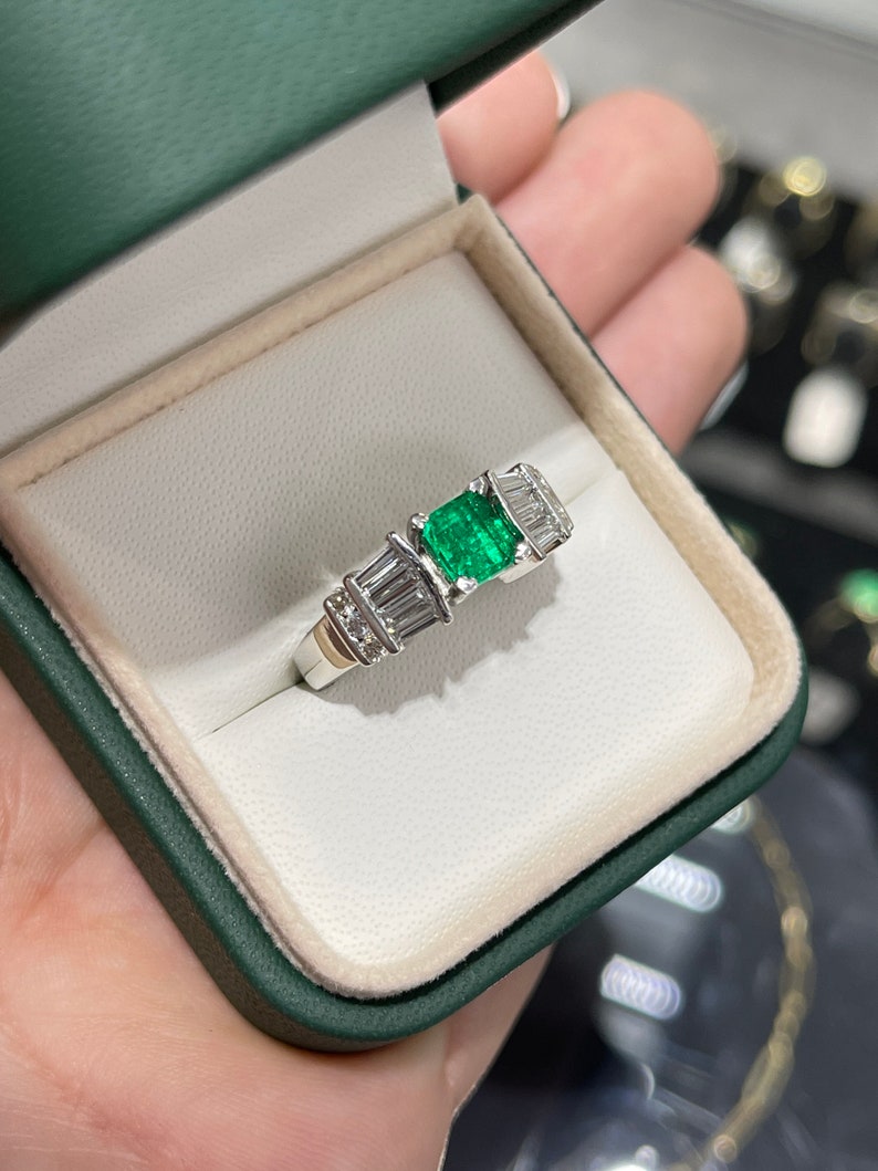 1.05tcw AAA Fine Quality Vivid Dark Green Emerald Asscher Cut Diamond Accent Platinum Ring - Elegant Wedding, Engagement & Anniversary Jewelry Gift
