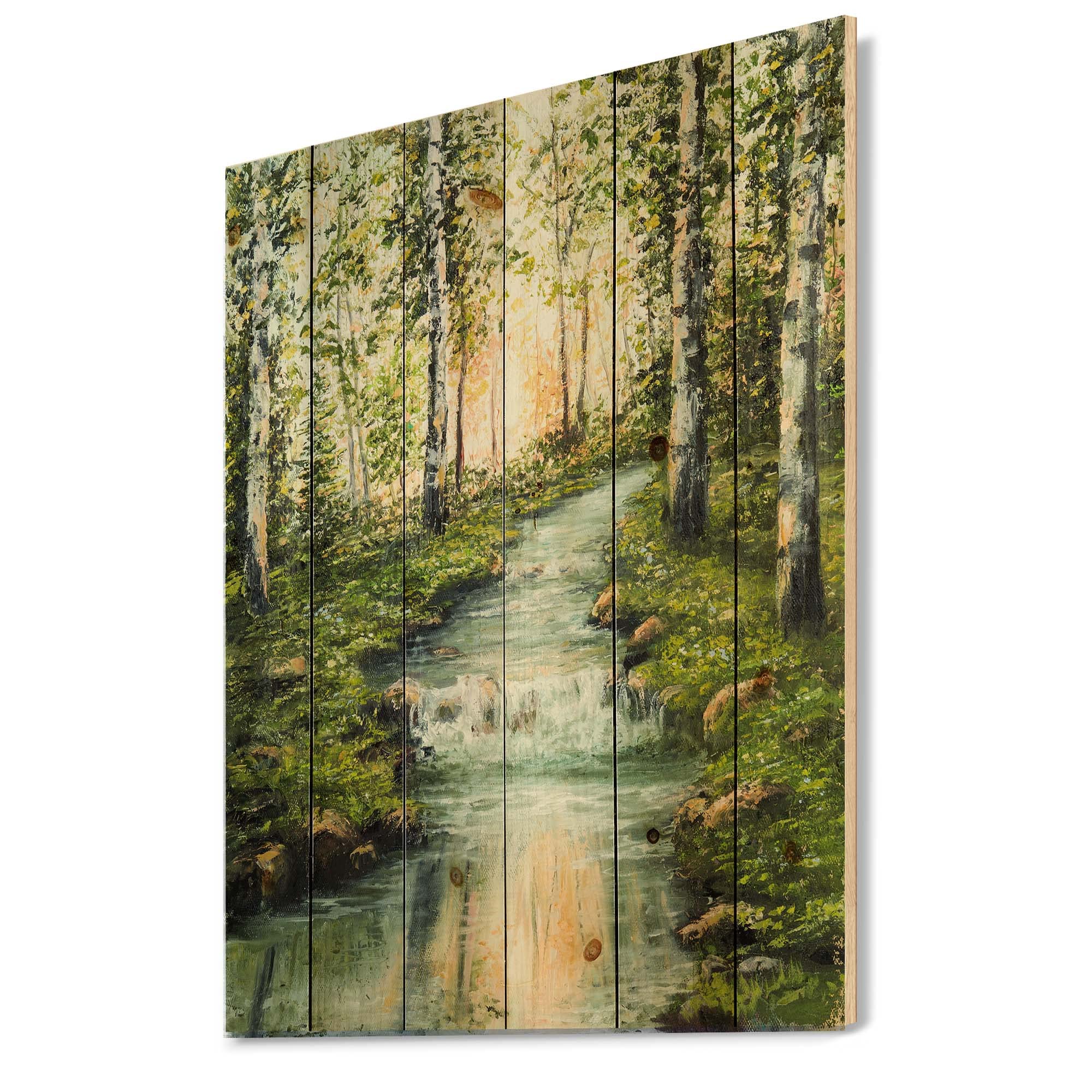 DesignQ River Through Birch Forest Lake House Wood Wall Decor - Green Wood Wall Art, Large Landscape Wood Panels Printed on Natural Pine - Perfect for Living Room, Bedroom & Office Decor
