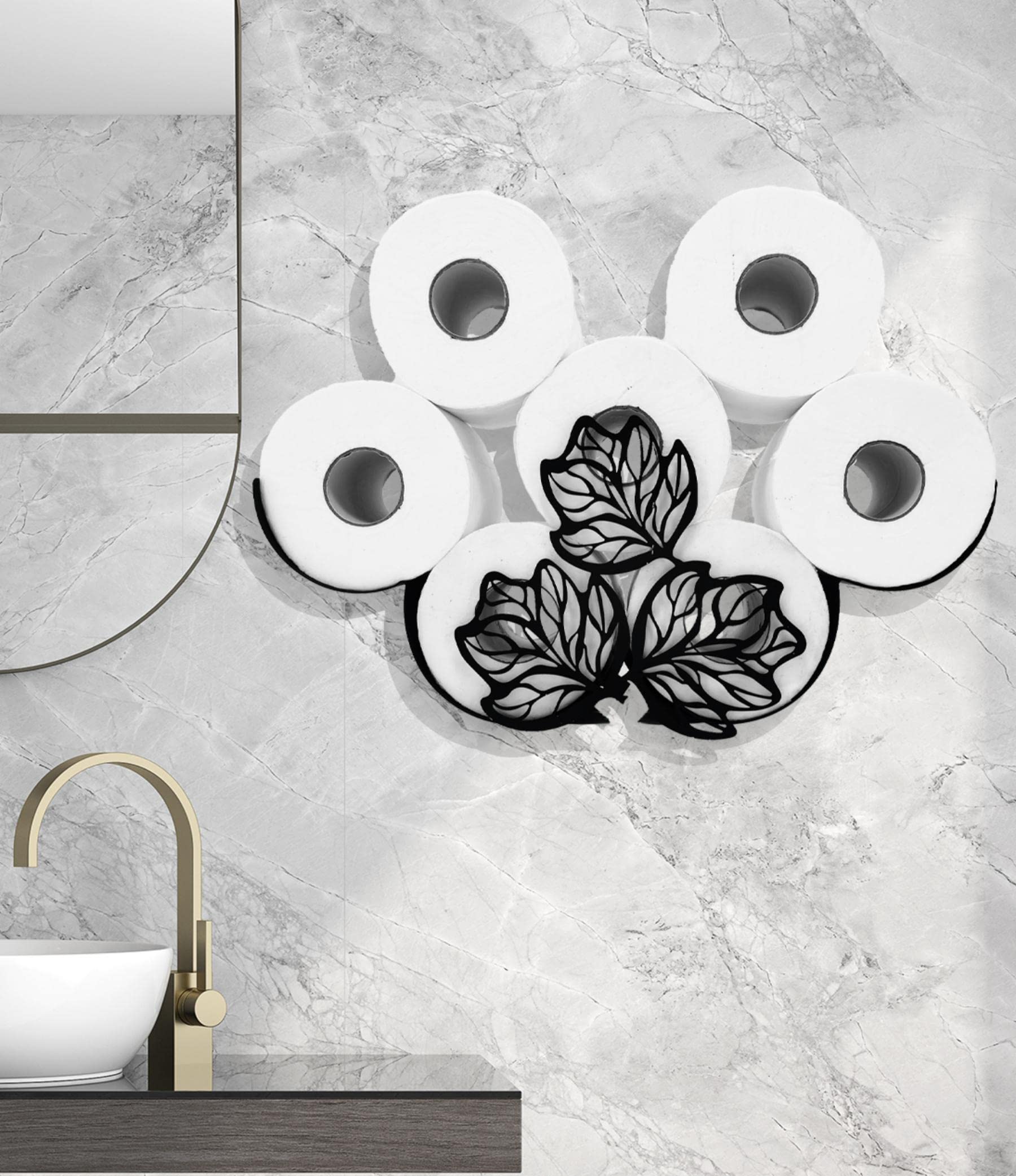 Black Metal Leaves Wall-Mounted Toilet Paper Holder - Animal Decorative Tissue Storage Organizer for Bathroom - Holds 8 Extra Rolls - Perfect for Home, Apartment, and RV Bathroom Decor
