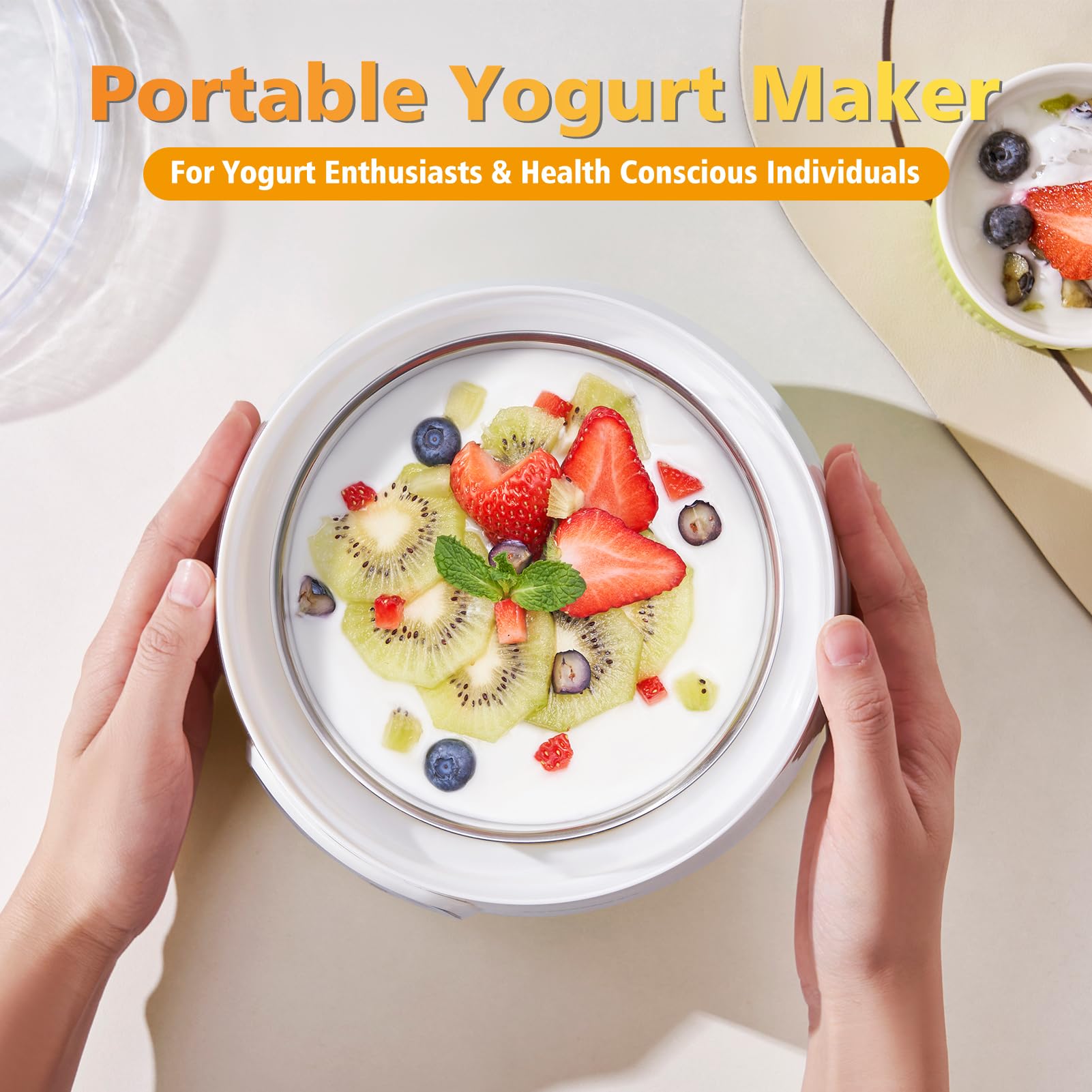 Electric Yogurt Maker Machine with Timer & Strainer - Stainless Steel Liner for Greek Yogurt, Cheese, Natto - Portable Homemade Yogurt Maker for Kitchen, Camping, Gifts (White)