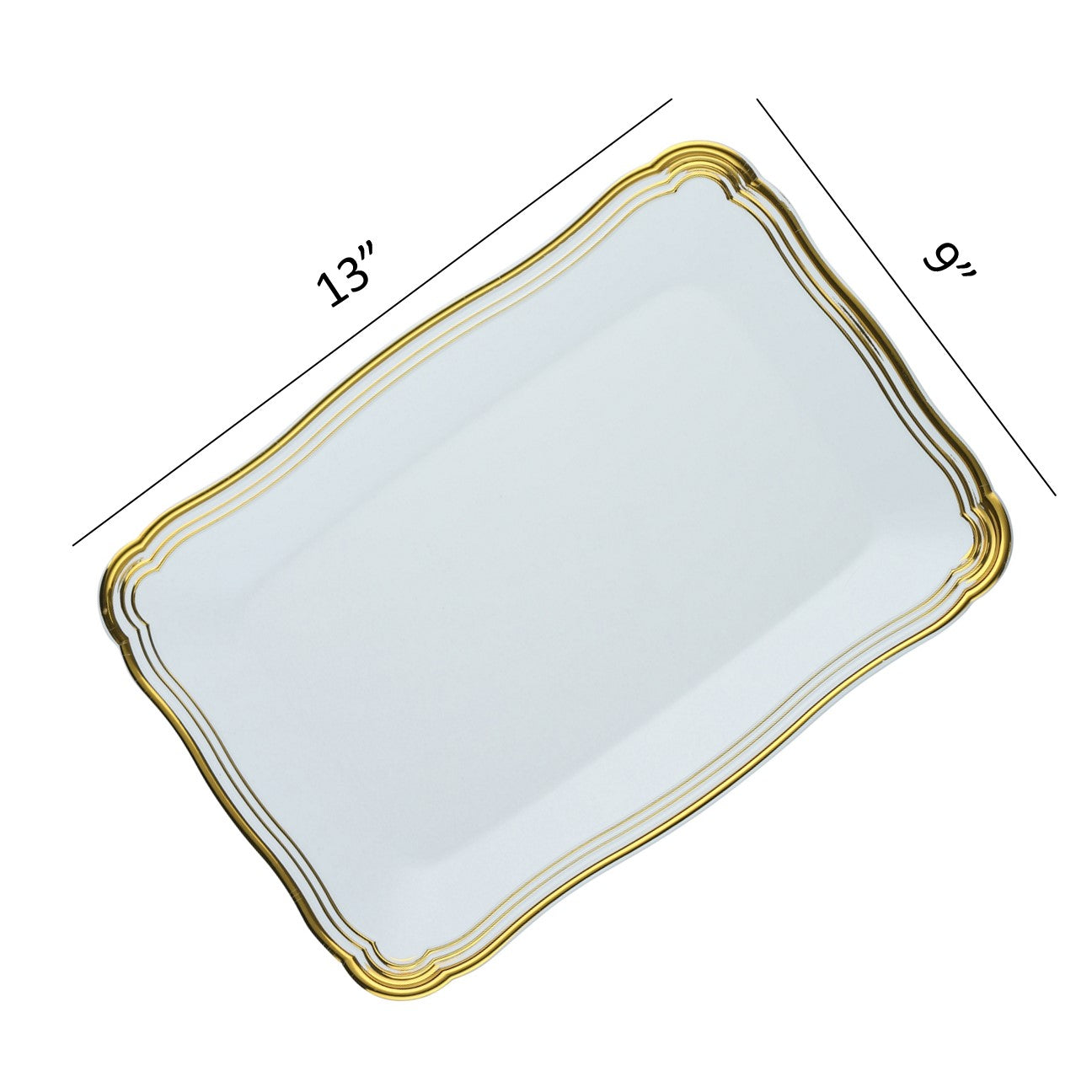 9 X 13 Inch Rectangle White and Gold Rim Plastic Serving Tray - Elegant Party Serving Tray for Appetizers, Desserts, and Beverages - Perfect for Weddings, Brunches, and Home Entertaining