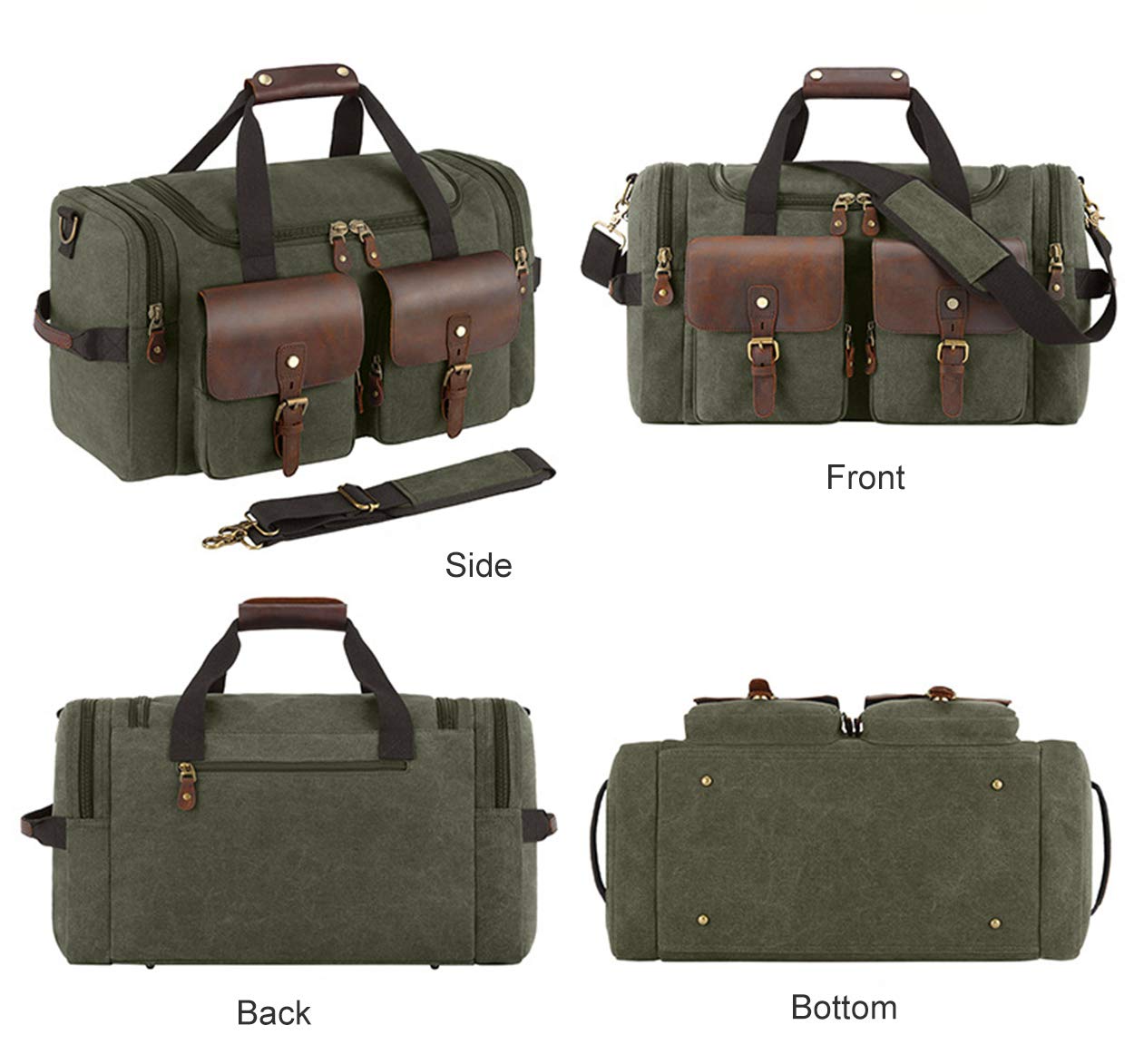 Premium Oversized Travel Duffel Bag - Heavy Duty Canvas & Genuine Leather Weekender Overnight Carry-On Handbag for Men & Women - Army Green - Perfect for Gym, Weekend Getaways & Business Trips