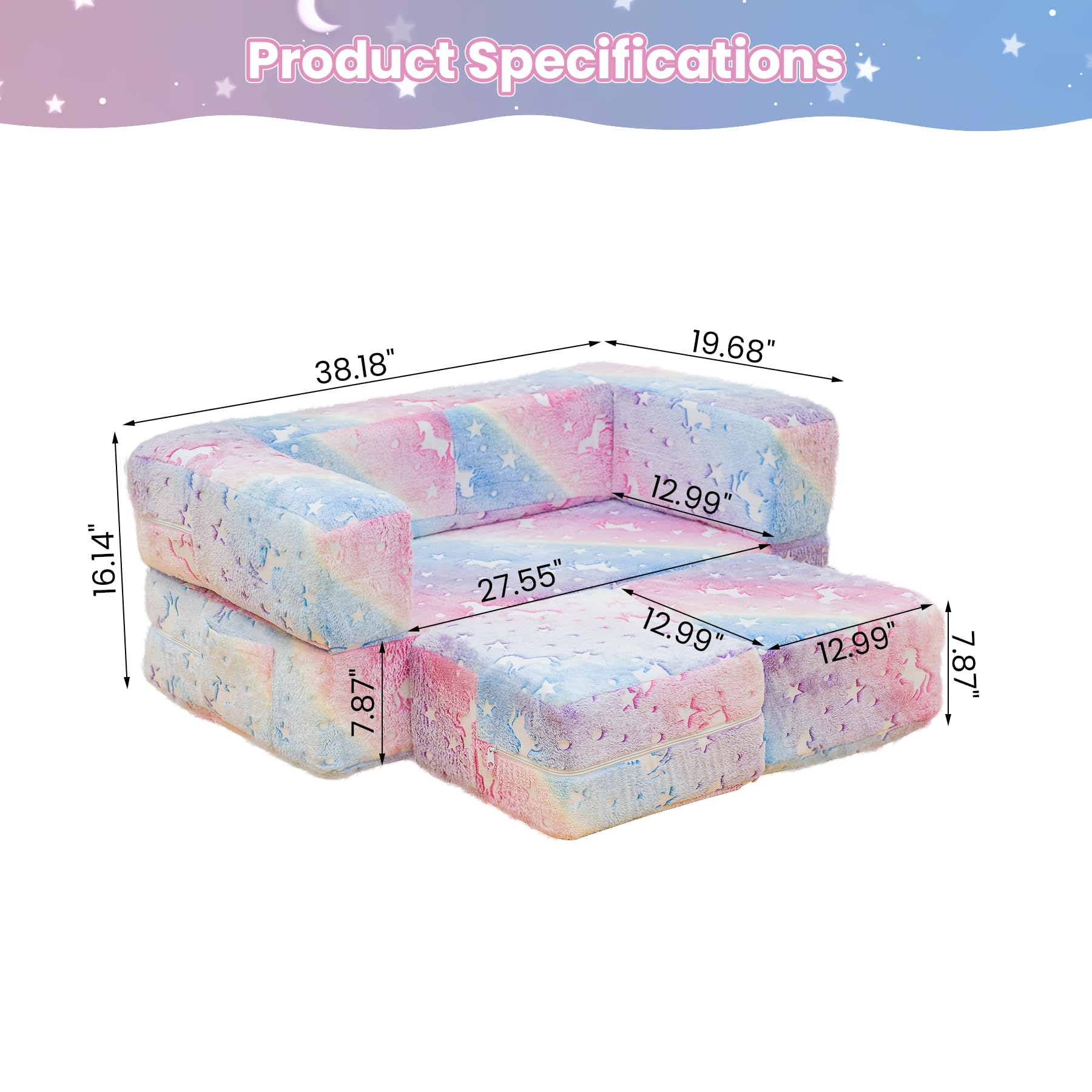 Glow in The Dark Modular Kids Play Couch - Convertible Toddler Sofa with Foldable Foam Cushions for Playroom & Bedroom | Rainbow Unicorn Design | Perfect for Indoor Playtime, Sleepovers & Reading Nooks