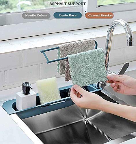 Expandable Plastic Sink Sponge Shelf & Soap Drainer Rack - Telescopic Kitchen Storage Organizer with Towel Bar - Space-Saving Drying Basket for Dishes, Sponges & Brushes - Perfect for Small Kitchens, Bathrooms & RVs