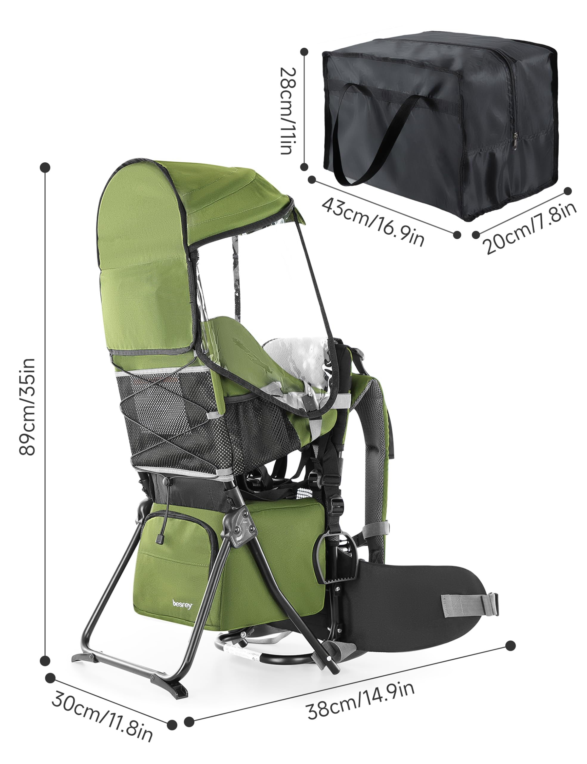 **Besrey Baby Backpack Carrier – Adjustable Toddler Hiking Backpack with 3-Height Safety Seat, Lightweight Foldable Frame & Large Capacity – Perfect for Outdoor Adventures, Travel & Family Hiking (Army Green)**