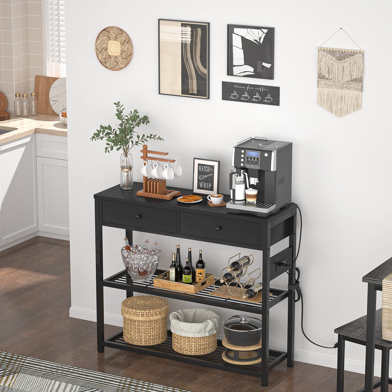 Ecoprsio 32'' Entryway Table with Outlets & USB Ports - Modern Console Table with 2 Drawers & Storage Shelves - Small Sofa Table for Living Room, Hallway, Foyer - Perfect for Charging Devices & Organizing Keys, Mail in Entryways (Black)
