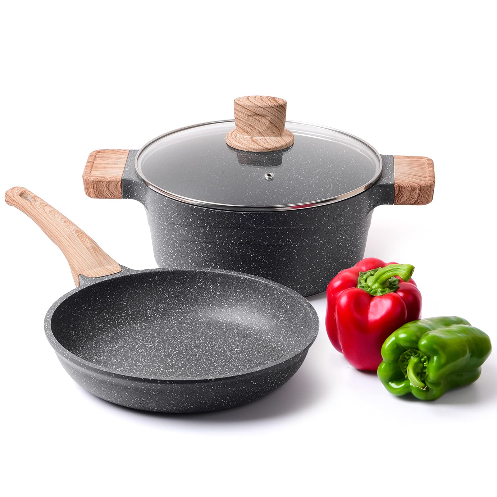 Caannasweis 3-Piece Nonstick Cookware Set - Non-Stick Frying Pan, Stockpot with Lid & Fry Basket | Granite & Marble Design | Induction Compatible Pots & Pans for Sauteing, Frying & Cooking Family Meals