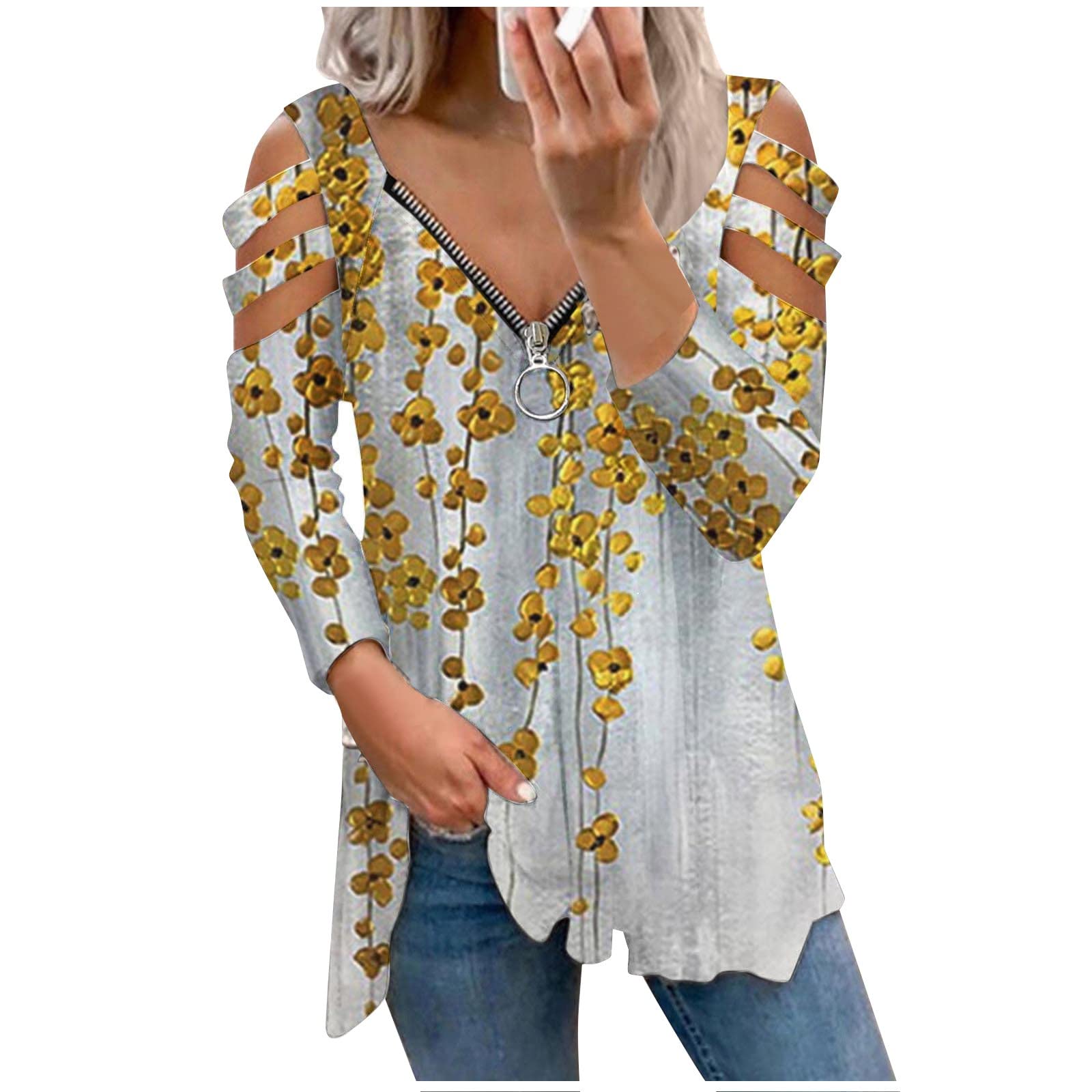 Women's Zipper Cold Shoulder Tunic Top - V Neck Cut Out Long Sleeve Slim Fit Casual Shirt | Perfect for Work, Date Night & Everyday Wear
