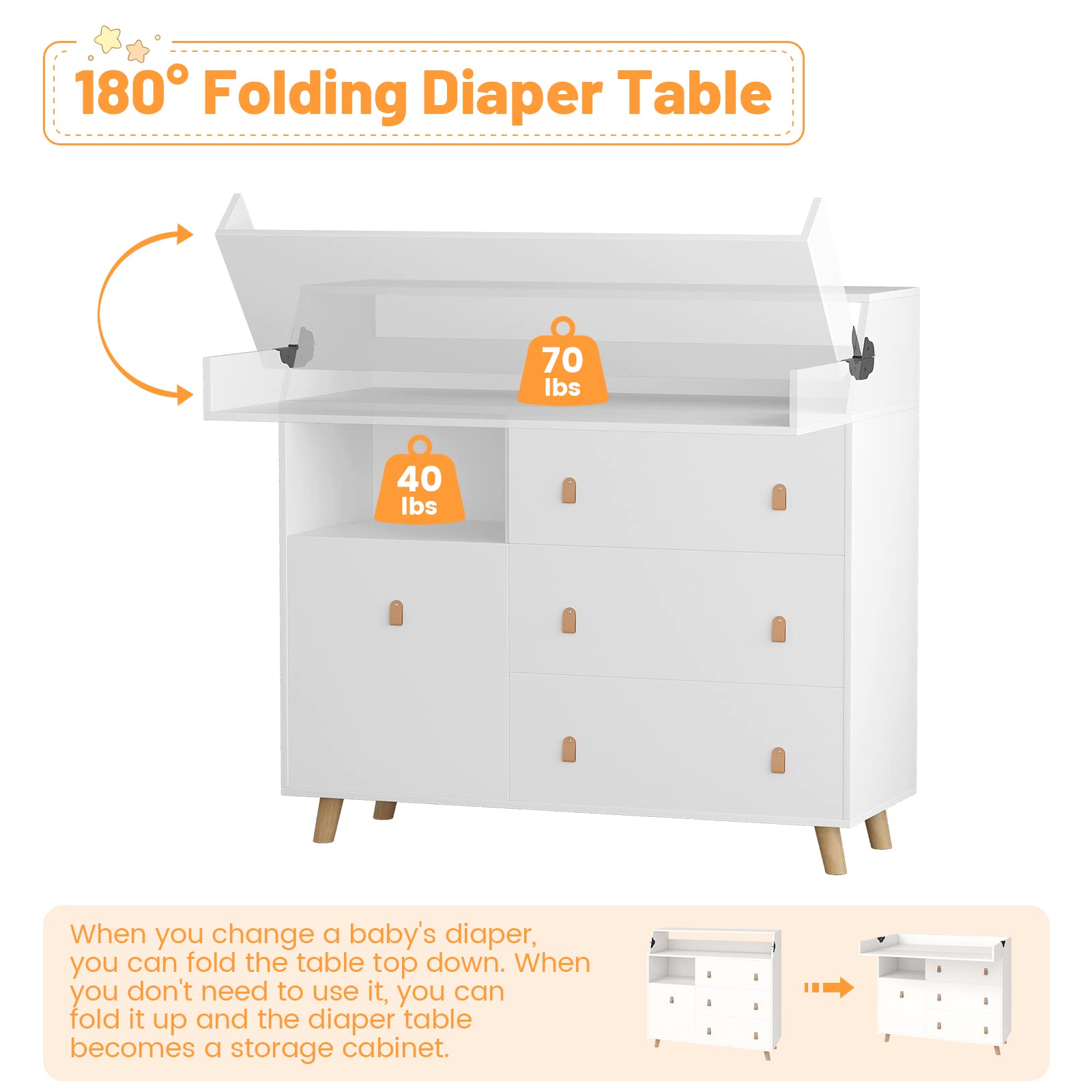 White Baby Changing Table with Drawers & Guardrail - Nursery Dresser Organizer, Foldable Diaper Station with Hidden Trash Storage - Perfect for Newborn Care & Nursery Organization
