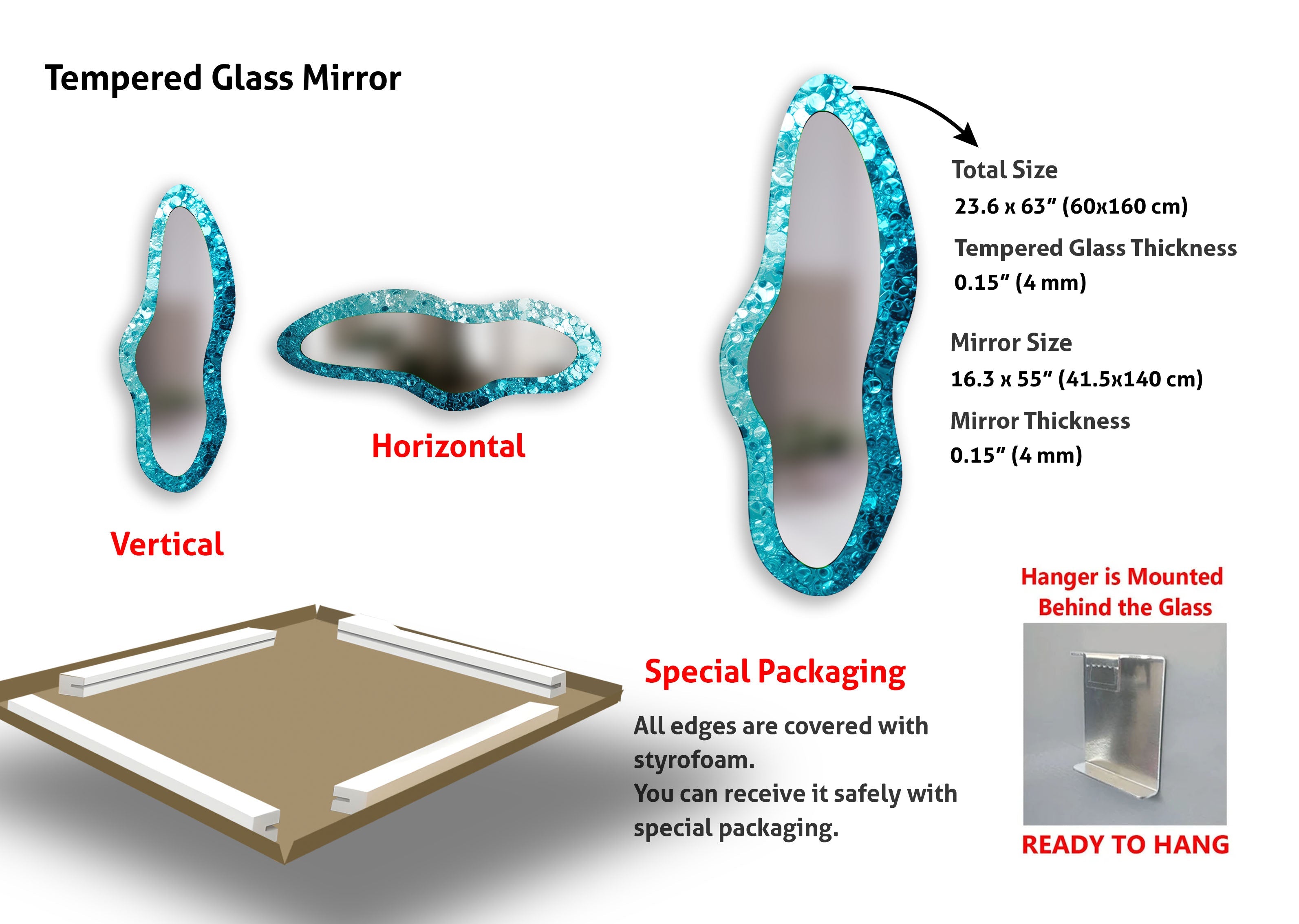 Blue Irregular Shaped Glass Wall Mirror - Unique Decorative Mirror for Living Room, Bedroom & Bathroom - Modern Home Decor