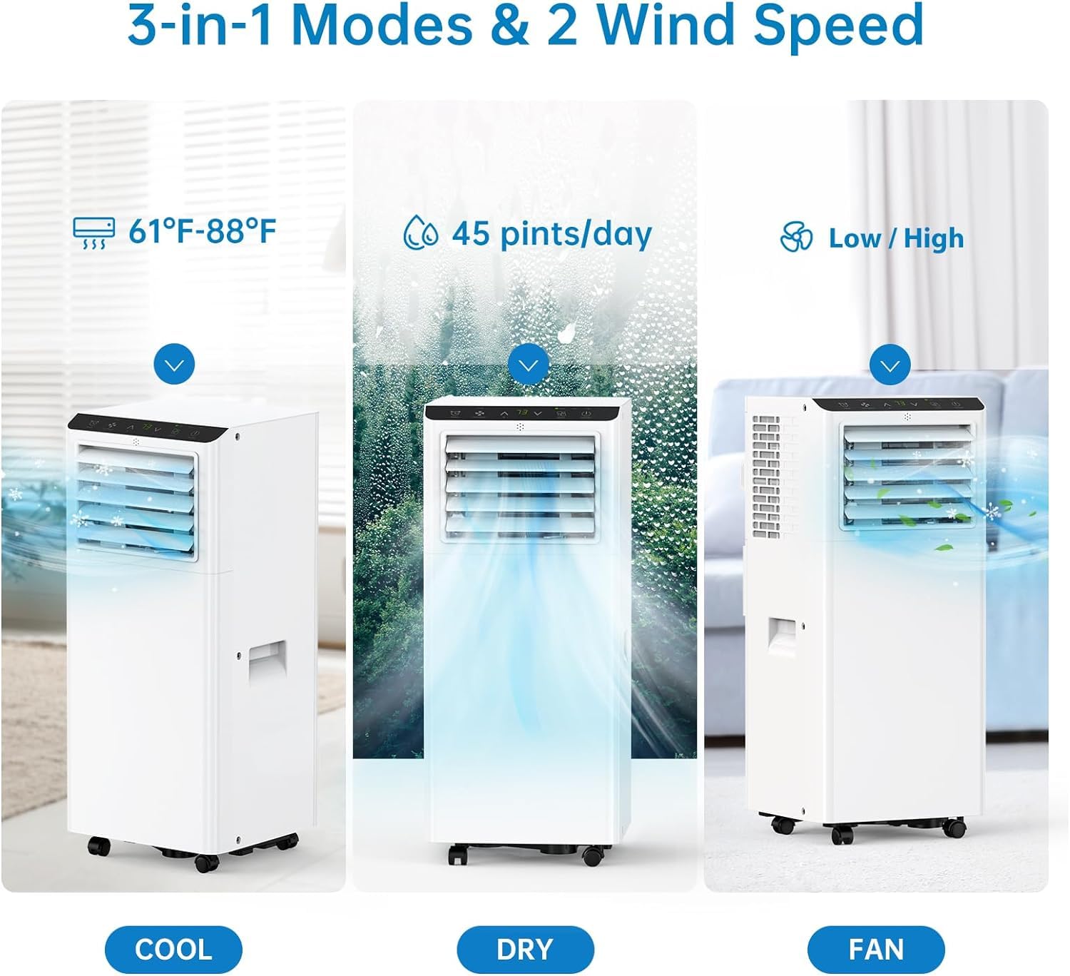 8000 BTU Portable Air Conditioner with 3-in-1 Cooling, Dehumidifier & Fan - 24 Hour Timer, 2 Speed Settings, Sleep Mode & Remote Control - Perfect for Bedrooms, Home Offices & Small Spaces (12x12 ft)