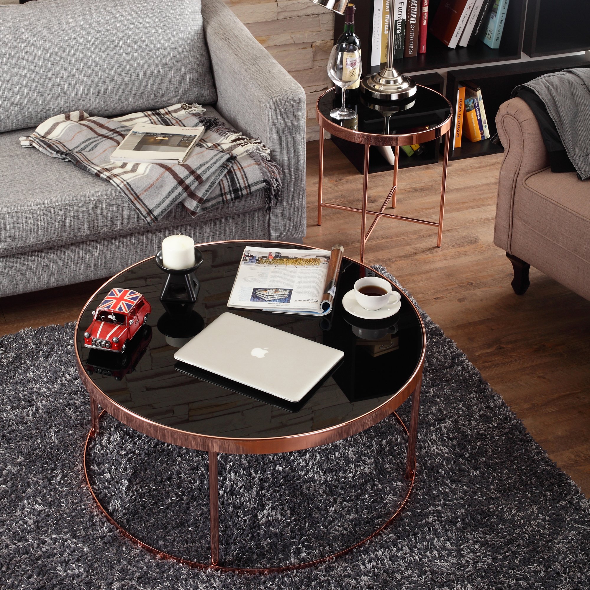Fawn Contemporary End Table with Glass Top - Black & Rose Gold Accent - Modern Side Table for Living Room, Bedroom, or Office Decor