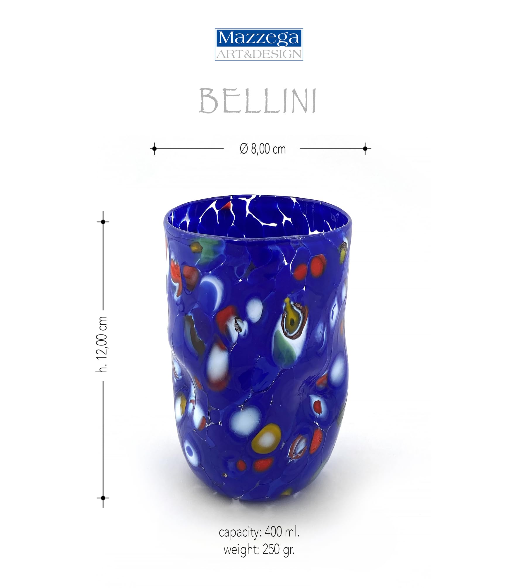 MAZZEGA ART & DESIGN 6-Piece Murano Glass Special Edition Bellini Cocktail Glasses - Handcrafted in Italy, Cobalt Blue - Perfect for Cocktail Parties, Home Bar Decor & Luxury Gift Giving