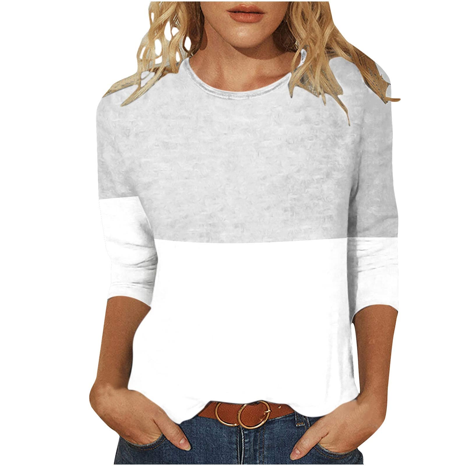 Oelaio Women's 3/4 Sleeve Color Block Patchwork Printed Loose T-Shirt - Slim Fit Casual Blouse for Spring/Summer, Office Wear & Weekend Outfits
