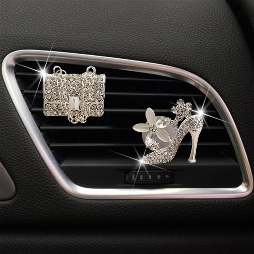 Sparkly Rhinestone Car Vent Clips - 4 Piece Set (High Heel, Magic Bag, Crown) | Bedazzled Car Accessories for Girls | Car Interior Decorations & Cute Dashboard Charms - Perfect for Gifts, Parties & Vehicle Customization