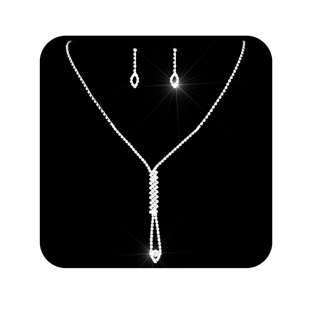 Ushiny Silver Bridal Jewelry Set - Sparkling Crystal Necklace & Earrings with Rhinestone Drop | Elegant Wedding Jewelry for Women & Girls | Perfect for Bridal Showers, Weddings & Formal Events