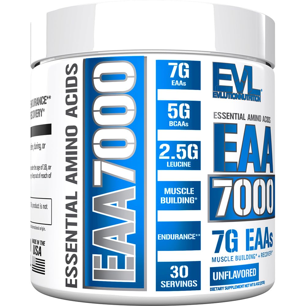 EVLution Nutrition EAA 7000 Essential Amino Acids Powder - Unflavored 237g for Muscle Recovery & Workout Performance | Pre & Post Workout Supplement for Athletes & Fitness Enthusiasts