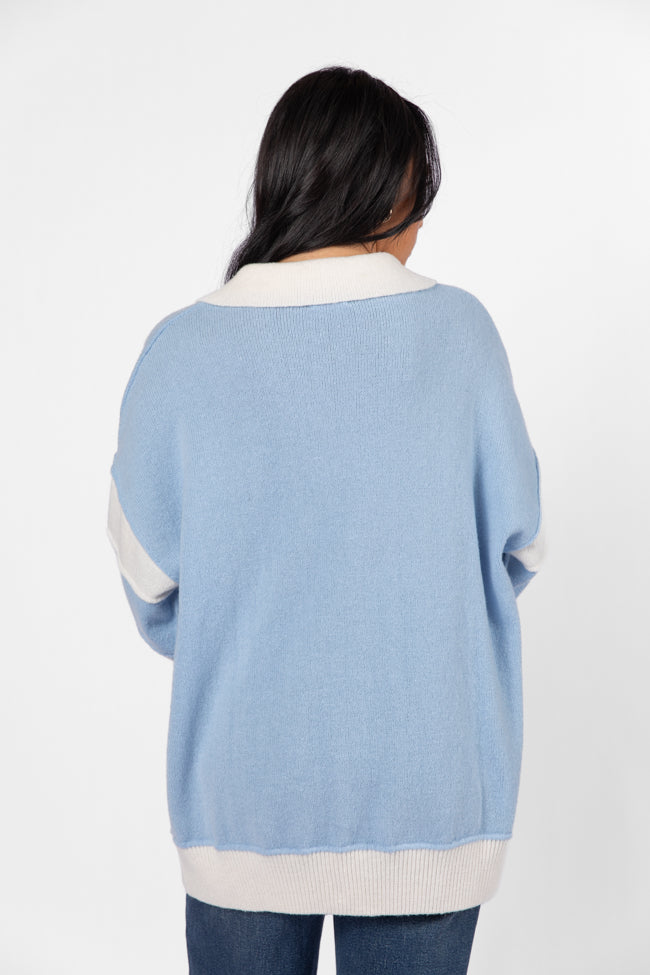 Think About It Sky Blue Collared Oversized Sweater - Women's Chunky Knit Pullover | Cozy Winter Fashion for Casual Outings & Office Wear
