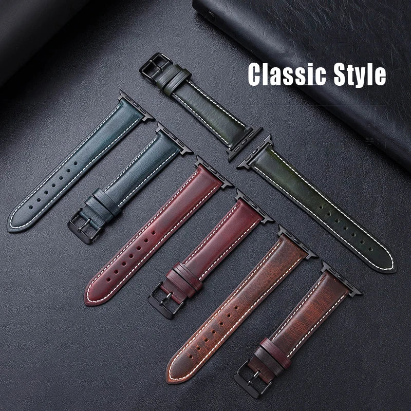 Premium Oil Waxed Genuine Leather Apple Watch Band - Handcrafted Leather Strap for Apple Watch Series 9/8/7/6/SE - Perfect for Business, Casual & Outdoor Activities