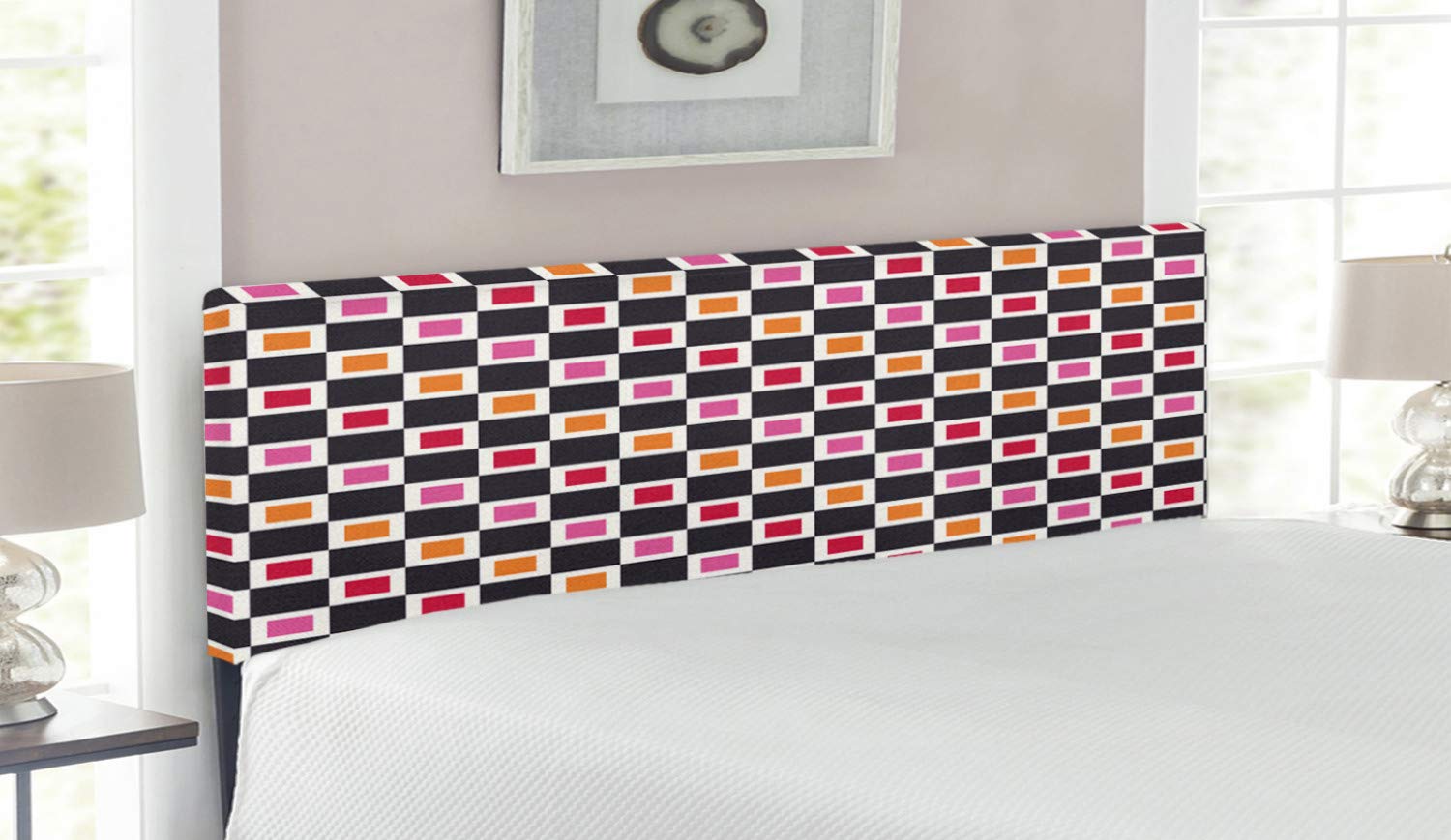 Ambesonne Geometric Upholstered Headboard - Queen Size Grid Checkered Pattern with Cool Vivid Squares & Retro Motifs - Memory Foam Decorative Metal Bed Headboard for Modern Bedroom Decor | Multicolor Design for Contemporary Home Interiors