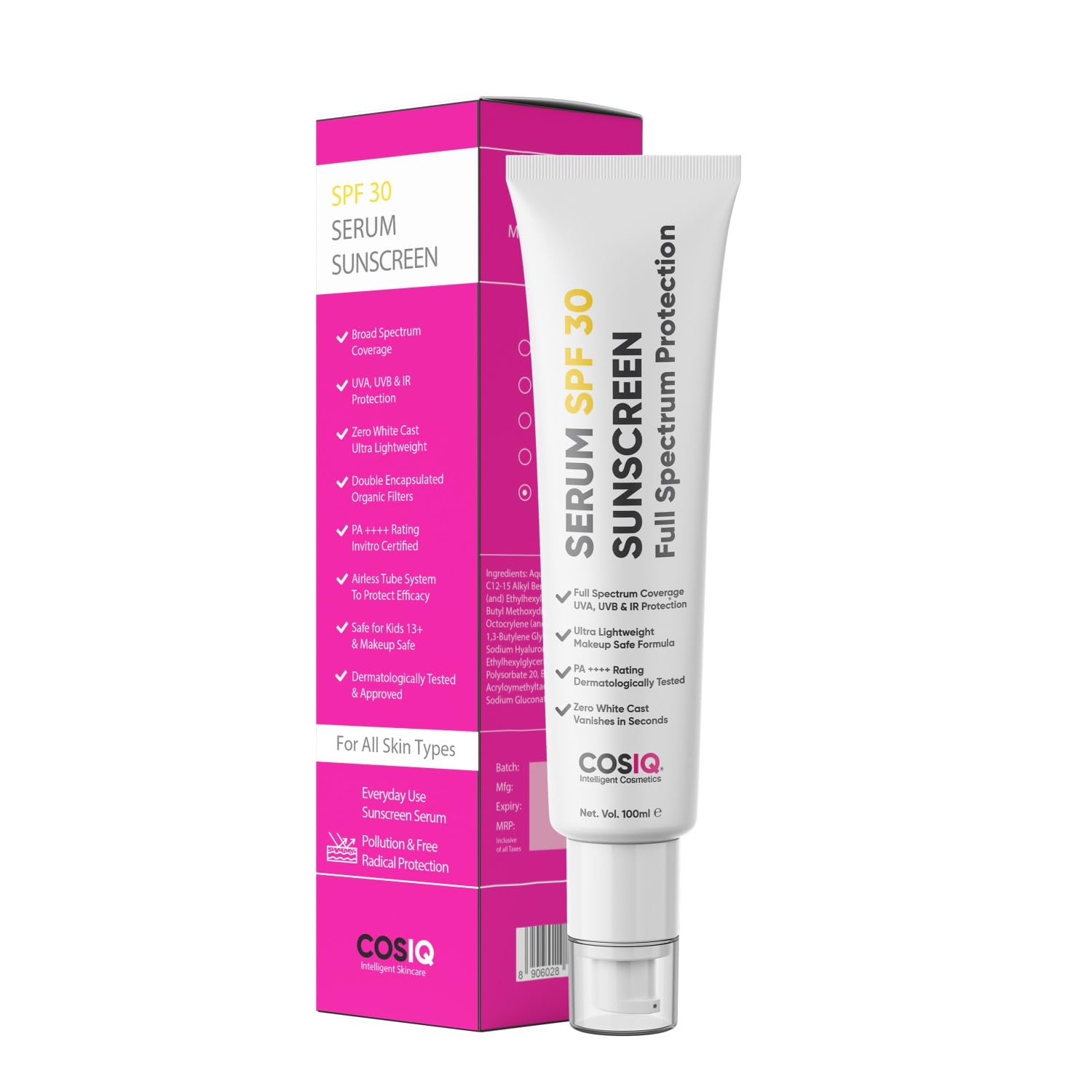 Cos-IQ SPF 30 PA++++ Sunscreen - Lightweight Broad Spectrum Serum with UVA/UVB/IR Protection | No White Cast | Clinically Tested for All Skin Types | Perfect for Daily Use, Beach & Outdoor Activities | 100ml