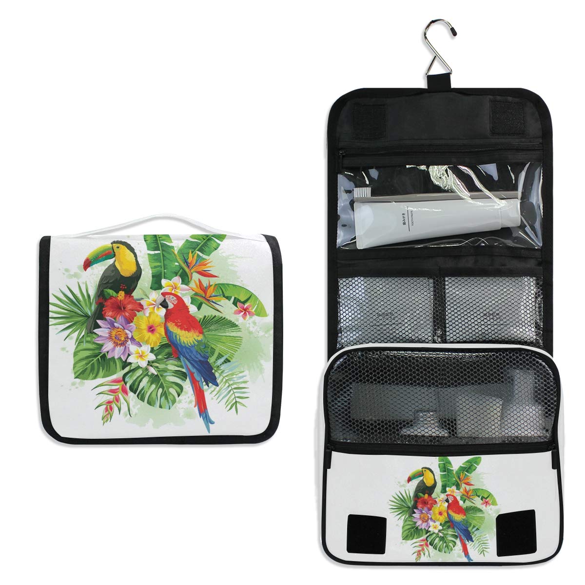 AGONA Hanging Toiletry Bag - Tropical Palm Leaves & Toucan Design Travel Cosmetic Organizer for Women & Men | Portable Waterproof Makeup Pouch with Hook | Perfect for Vacation, Gym & Bathroom Storage