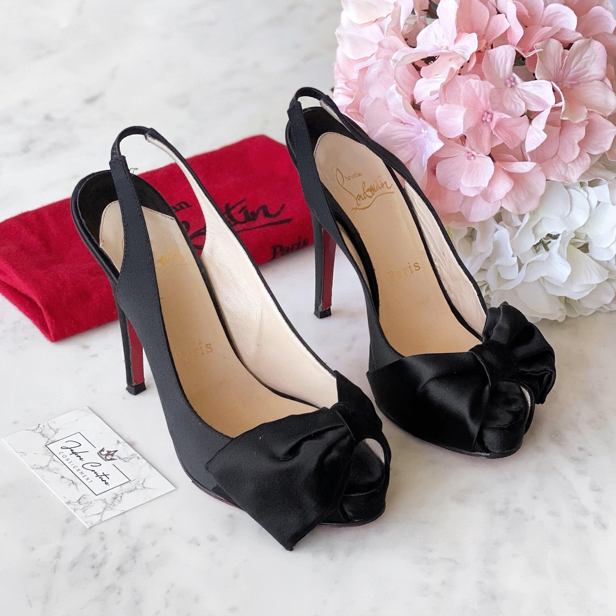 Christian Louboutin Women's Black Satin Slingback Heels Size 37 - Elegant Pointed Toe Pumps for Weddings, Parties & Evening Events