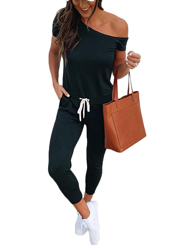 Women's One-Shoulder Jumpsuit - Short Sleeve Casual Romper with Skinny Fit Long Pants & Pockets | Perfect for Summer Outings, Beach Vacations & Date Nights