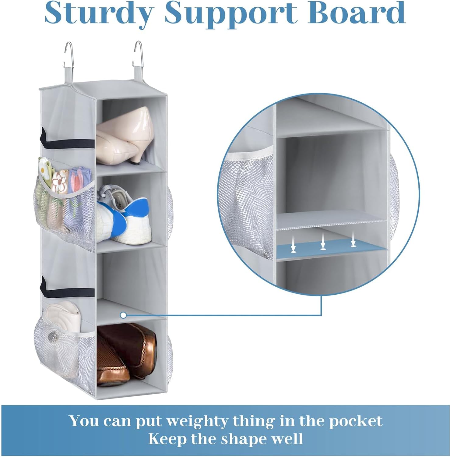Sleeping Lamb Hanging Shoe Organizer for Closet - 8 Pair Capacity with Mesh Pockets | Space-Saving Shoe Rack for RV, Camper & Home Organization | Grey Closet Storage Solution (Perfect for Small Spaces & Travel)