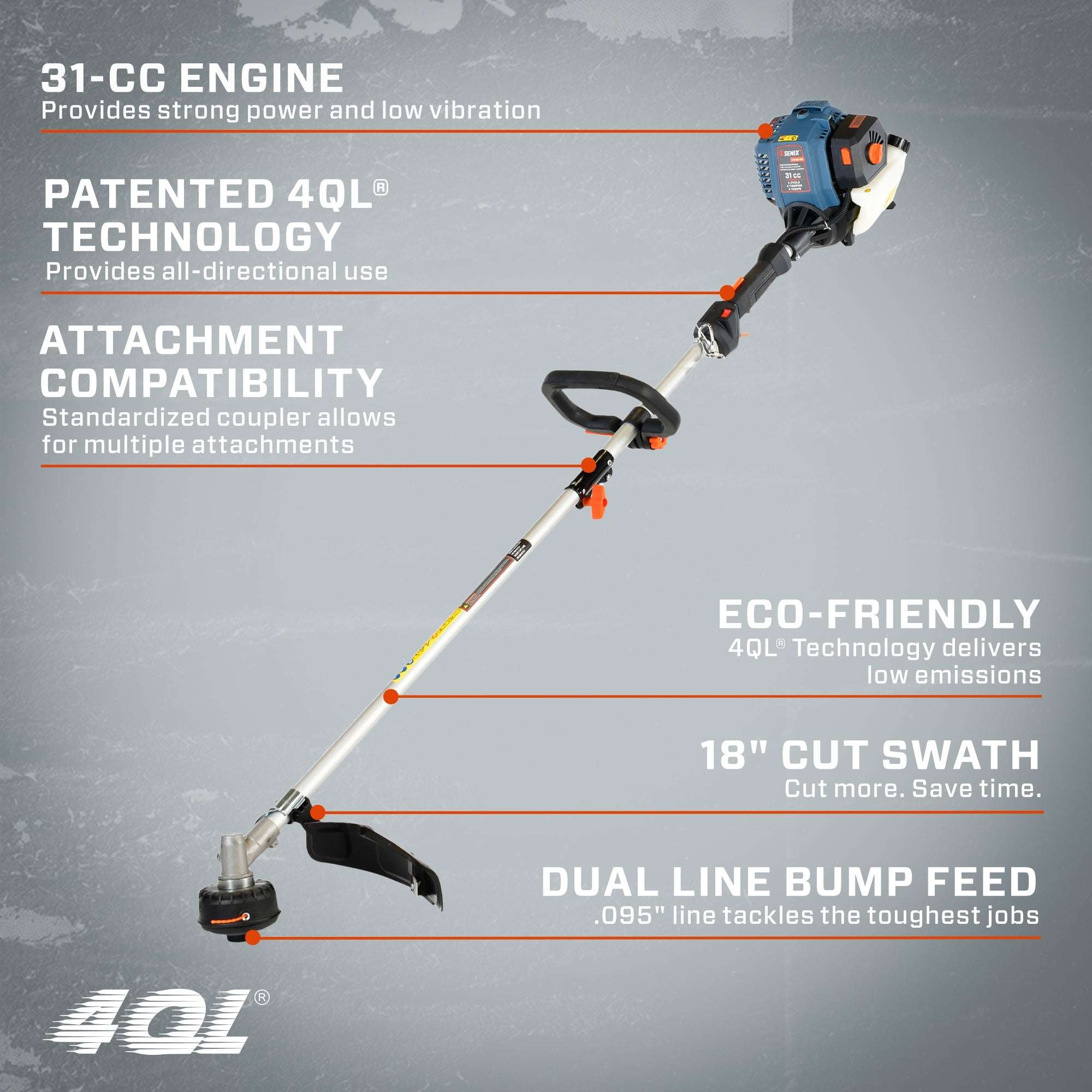 4QL® 31cc 4-Cycle 18-Inch Gas Powered String Trimmer with Attachment Capability - Perfect for Lawn Edging, Weed Control and Yard Maintenance