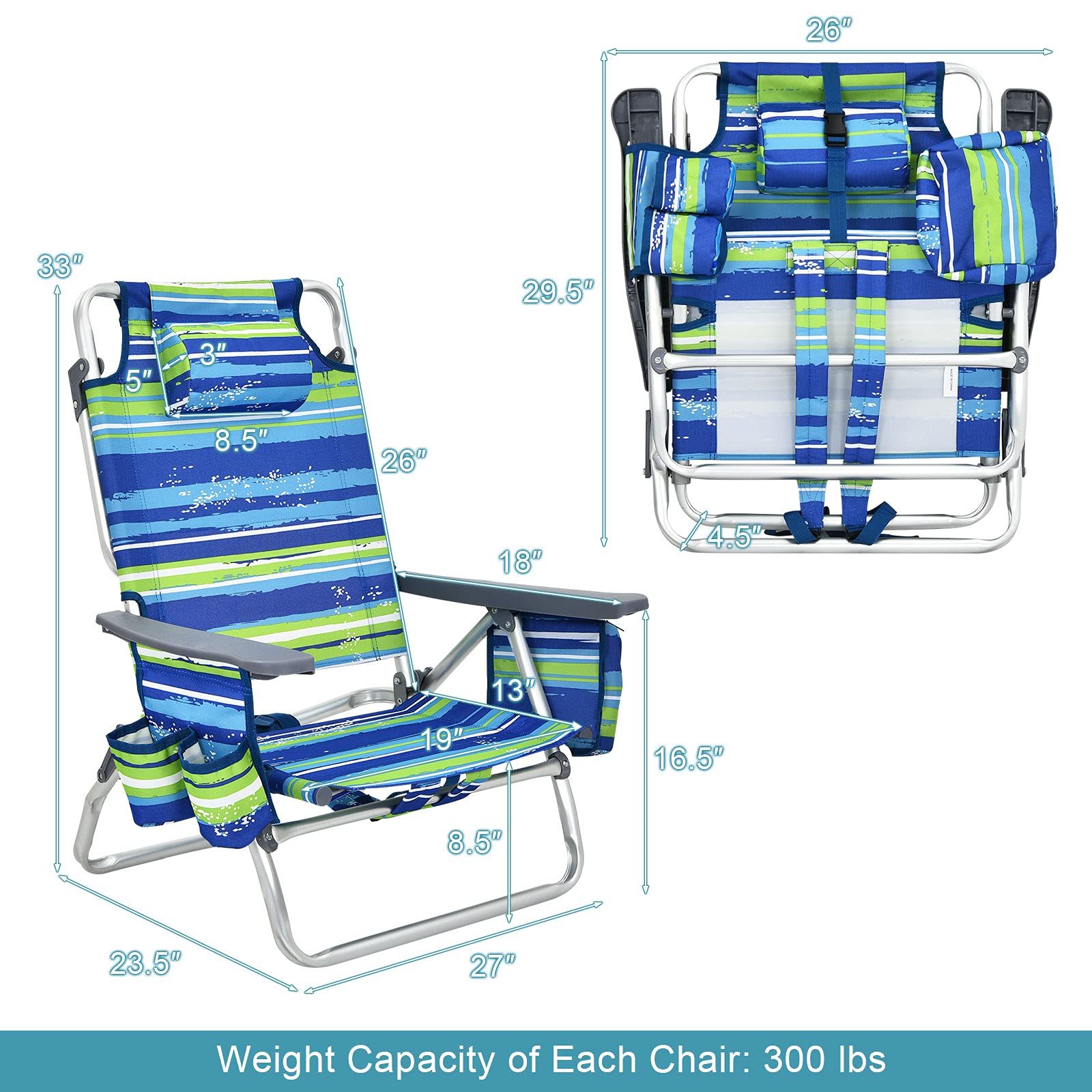 GYMAX 2-Pack Portable Folding Beach Chairs with Backpack Straps, Armrests, Cooler Bag, Cup Holder & Storage Pockets - Lightweight Camping Lounge Chairs for Outdoor, Picnic, Poolside, Backyard & Beach Relaxation (Blue Stripes)