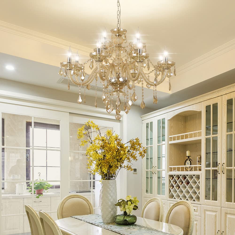 Modern Luxury K9 Crystal Chandelier - 12-Light Cognac Crystal Pendant Light Fixture with Candle Style Design for Dining Room, Hotel, Hallway, Bar & Restaurant Lighting | Elegant Ceiling Light for Wedding Venues, Luxury Homes & Fine Dining Establishments