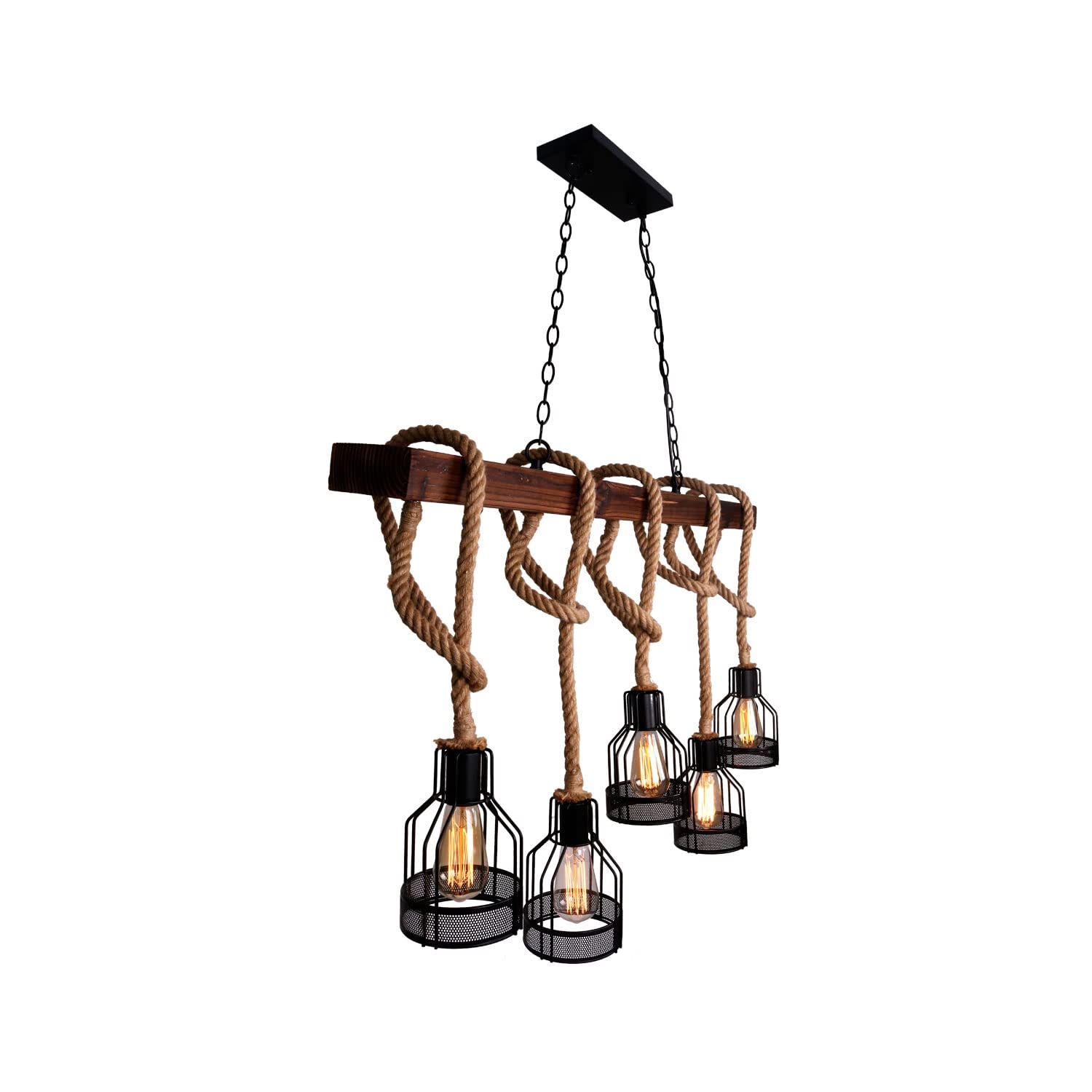 Farmhouse Pendant Lights for Kitchen Island - Rustic Dining Room Ceiling Fixture with 5 E26 Bulb Sockets - Black Metal & Wood Beam Chandelier - Perfect for Farmhouse, Industrial & Modern Kitchens