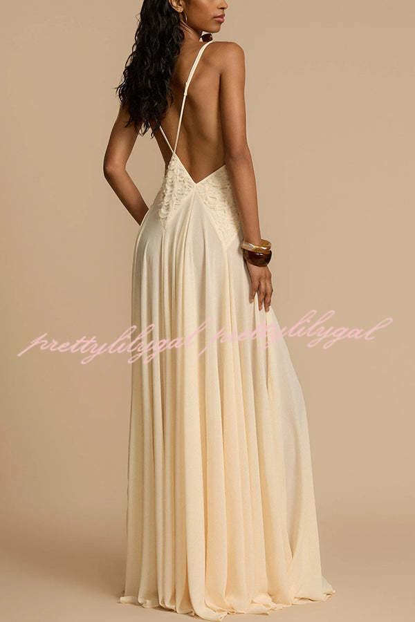 Venus By The Sea Tulle Lace Patchwork Backless Flowy Maxi Dress for Women - Elegant Beach Wedding Guest Dress & Summer Party Gown