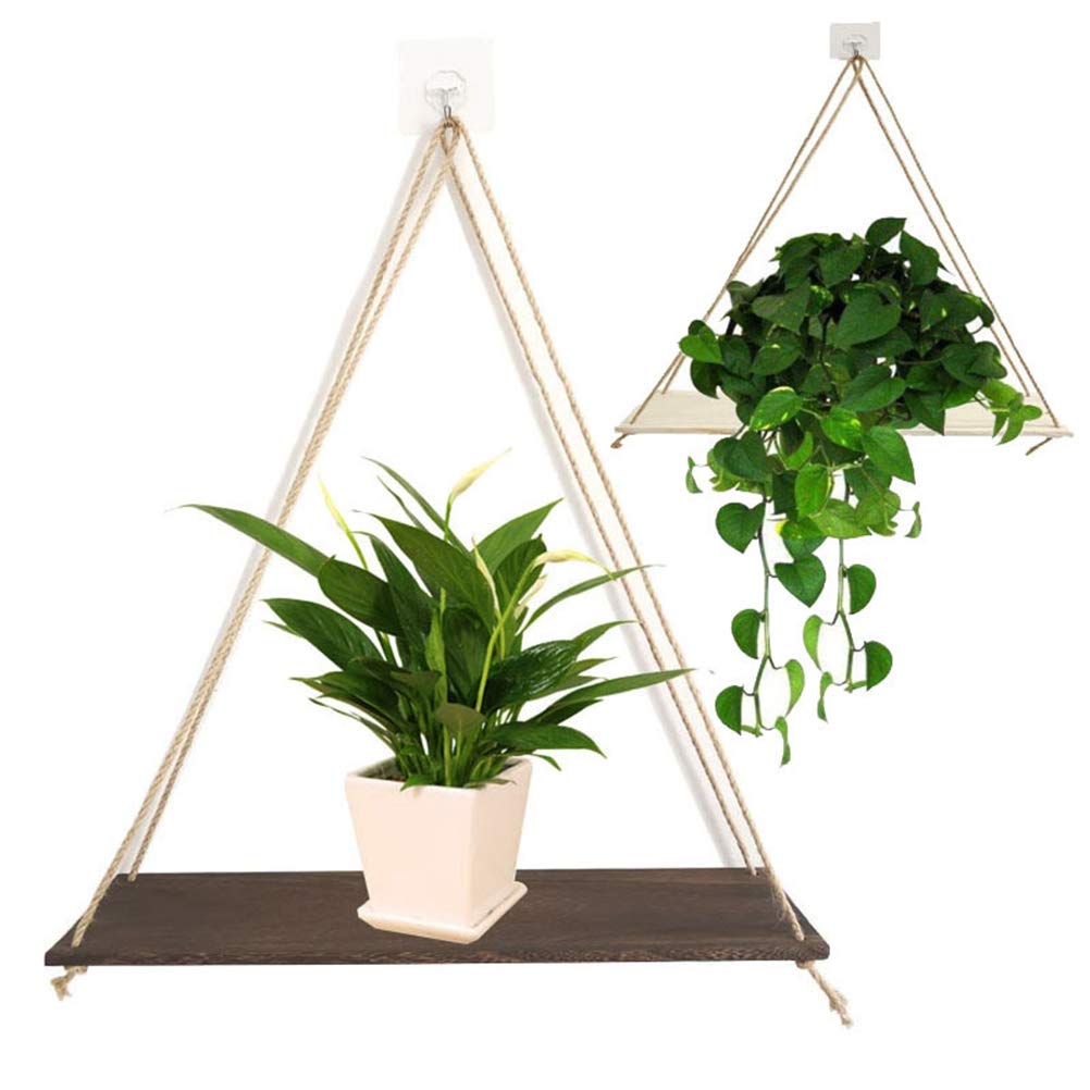Hanging Plant Stand - Wooden Flower Pot Rack with Cotton Rope for Indoor Plants | Wall Mounted Planter Shelf for Home Decor, Kitchen Herb Garden & Balcony Display