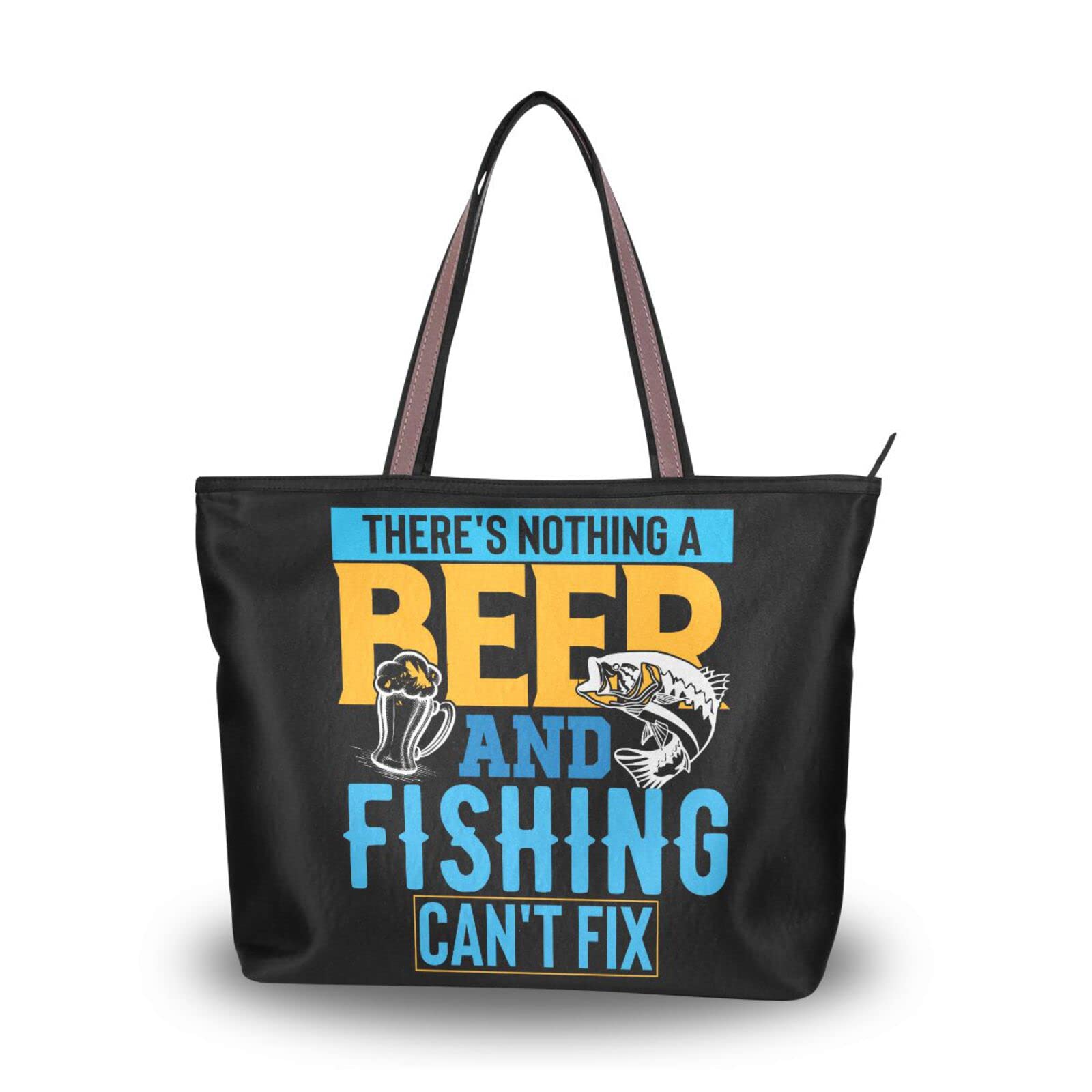 Large Capacity Zippered Tote Bag with Beer & Fishing Print - Women's Grocery Shopping Purse for Daily Use (2 Sizes) - Perfect for Beach, Picnics & Outdoor Activities