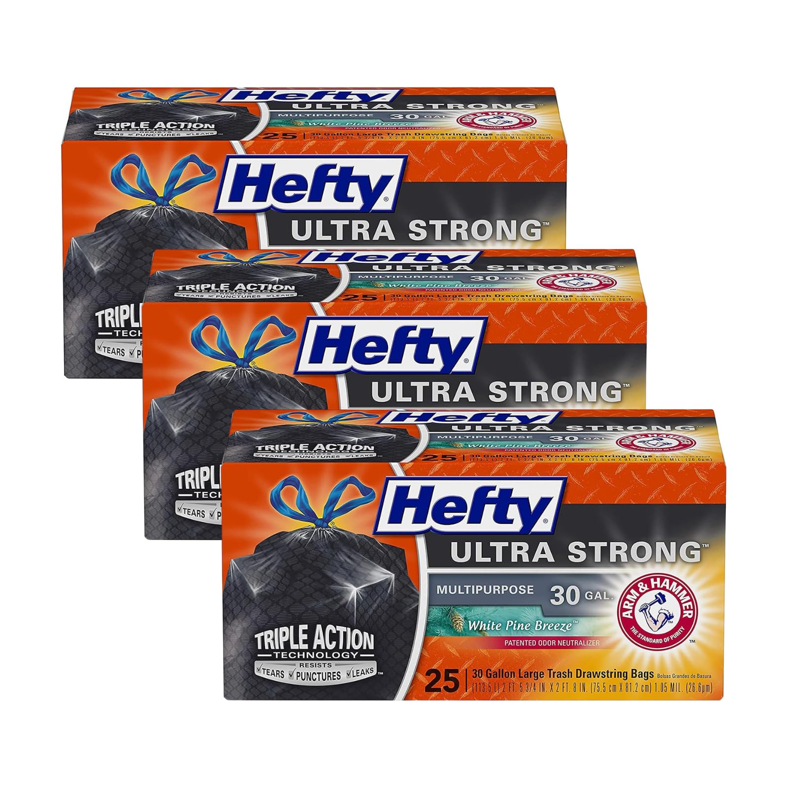 Hefty Ultra Strong 30 Gallon Drawstring Trash Bags - 25 Count (Pack of 3) | Heavy Duty, Leakproof & Pine Scented | Perfect for Kitchen, Bathroom & Outdoor Waste Disposal