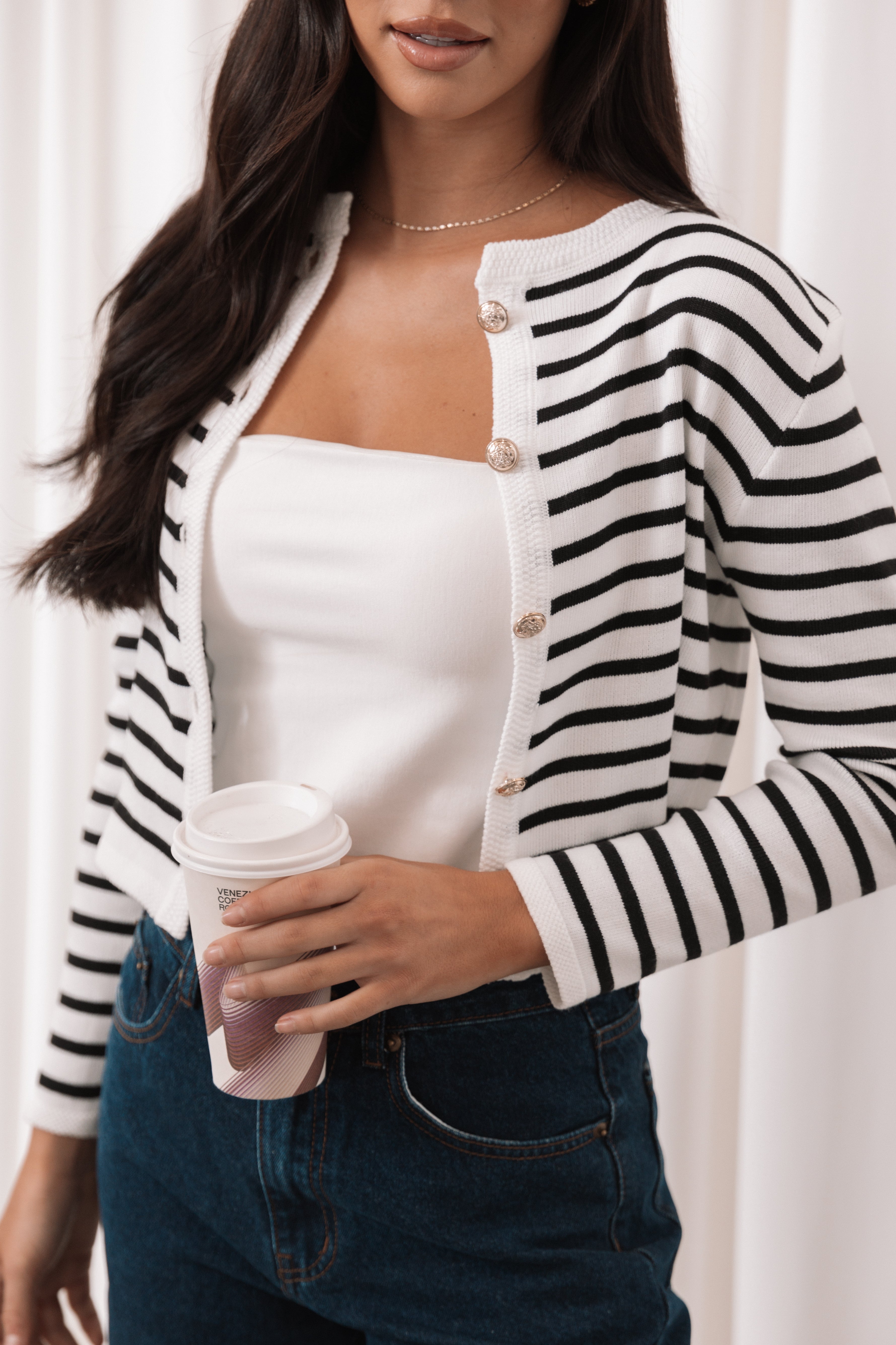 Cynthia Striped Button Front Cardigan Sweater for Women - Black & Cream | Soft Knit Long Sleeve Open Front Cardigan for Casual Outfits, Office Wear & Fall Layering