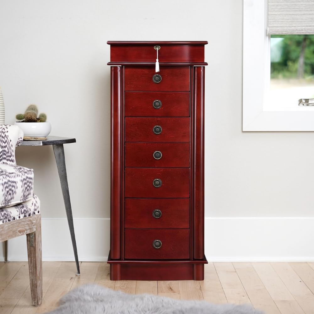 Hives & Honey Noel Standing Jewelry Armoire Cabinet - Locking Jewelry Storage Organizer with Flip Mirror, 2 Side Doors & 7 Drawers | Jewelry Chest for Necklaces, Earrings, Bracelets | Cherry Wood Finish | Perfect for Bedroom, Closet & Dressing Room Organization