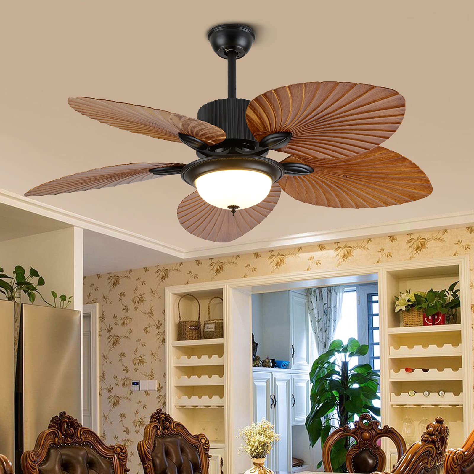 52 Inch Tropical Palm Leaf Ceiling Fan with Light - Remote Control, 5 Blades, Modern Chandelier for Bedroom, Living Room, Patio - Perfect for Coastal, Boho & Tropical Home Decor