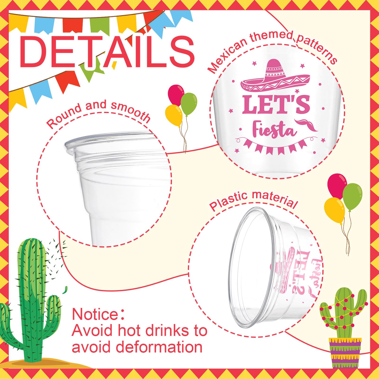 150 Pcs 12 oz Clear Plastic Disposable Fiesta Cups - Mexican Theme Party Supplies for Cinco de Mayo, Taco Tuesday & Summer Celebrations - 3 Stylish Designs (Bulk Pack)