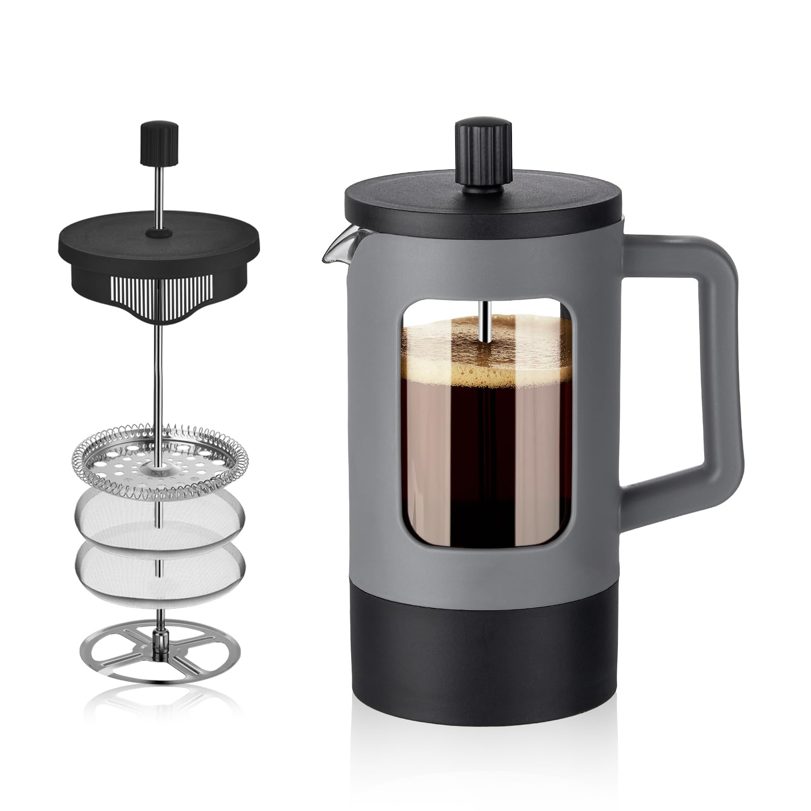 YOLIFE 21 oz French Press Coffee Maker - Heat-Resistant Borosilicate Glass, 4-Level Filtration System - Portable Coffee & Tea Press for Home, Office, Camping & Travel - Grey & Black Coffee Pot (Great Gift for Coffee Lovers)