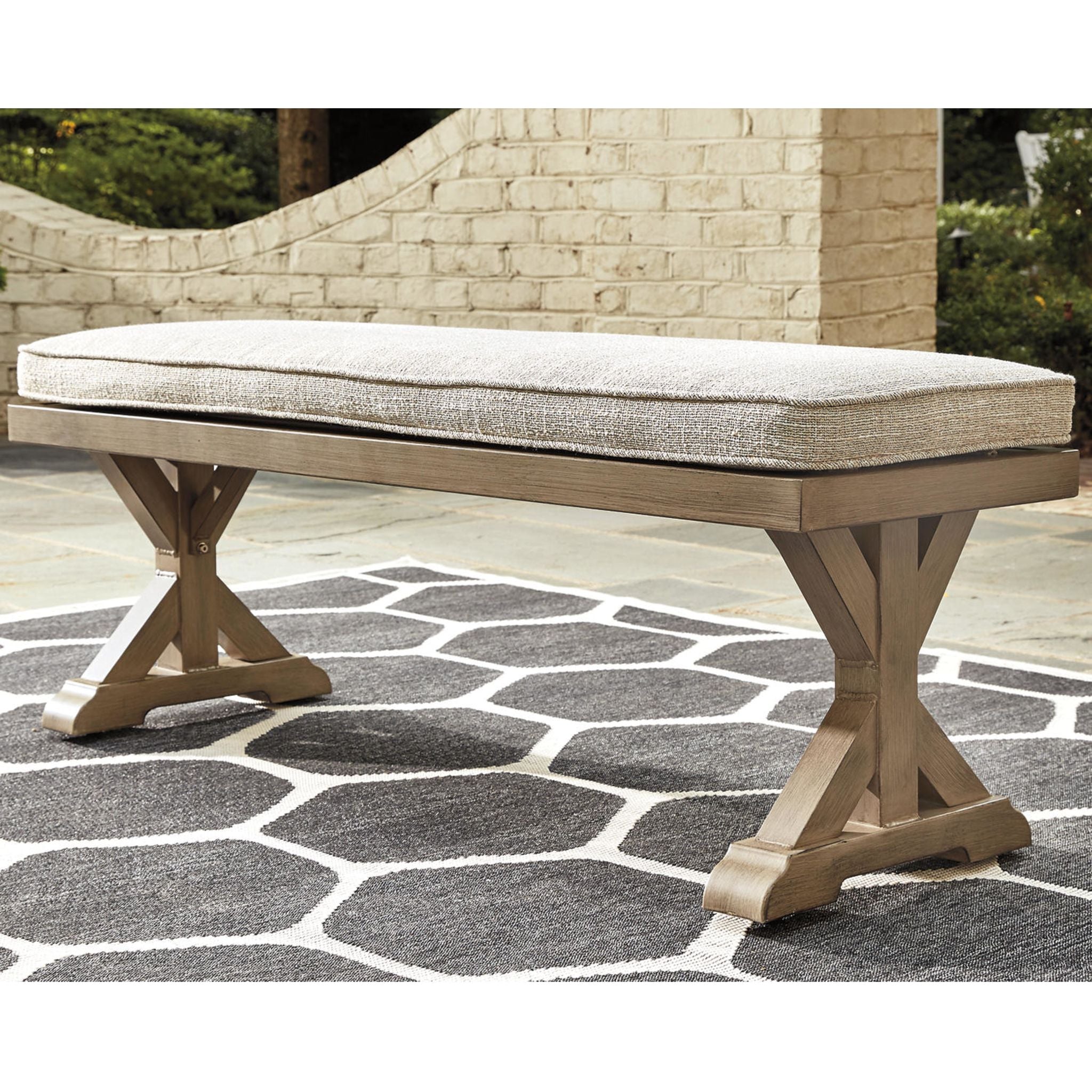 **Beachcroft Outdoor Bench with Cushion – Weather-Resistant Patio Furniture, Beige – Perfect for Garden, Porch, or Poolside Relaxation**