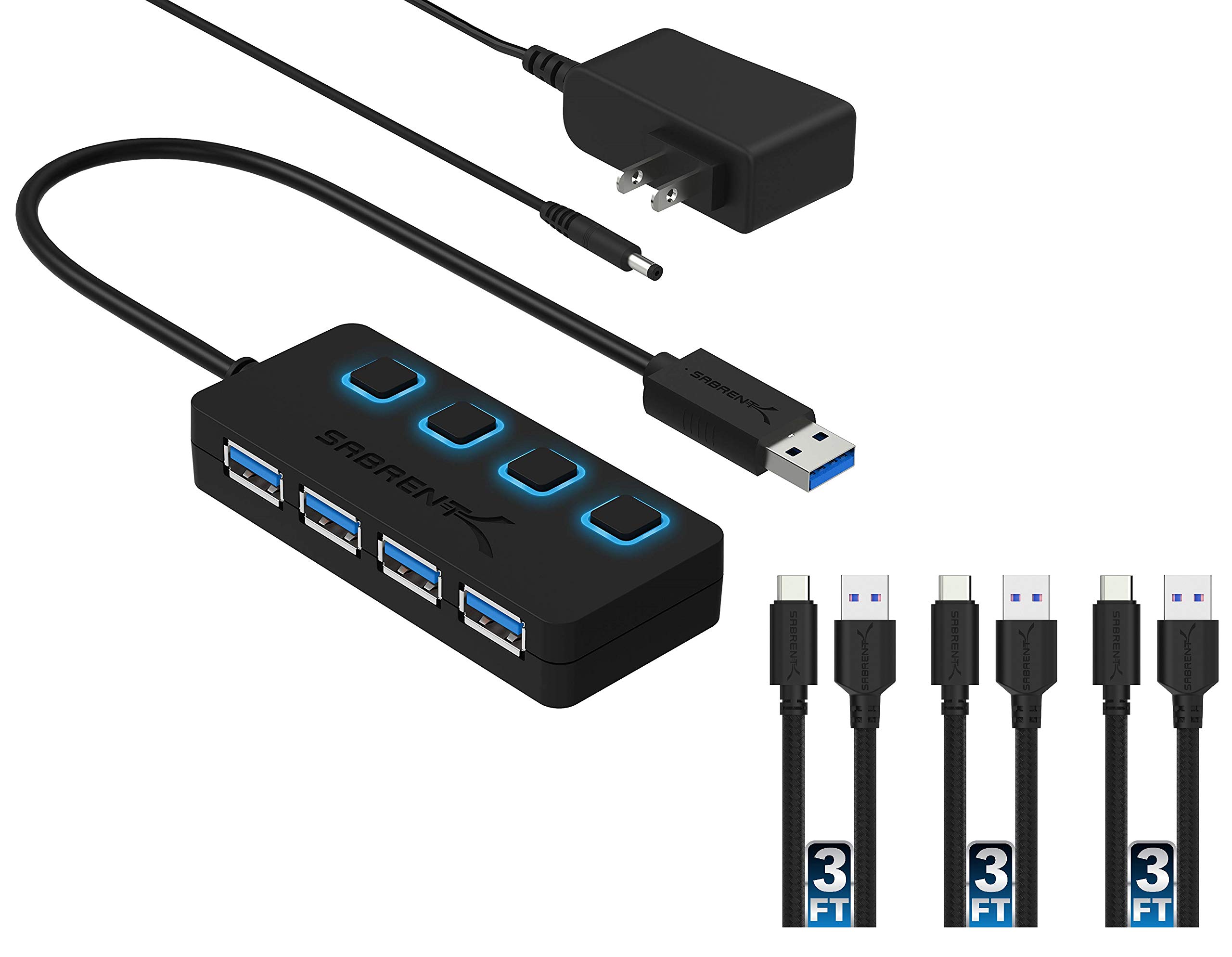 Sabrent 4-Port USB 3.0 Hub with [3-Pack] 22AWG Premium 3ft USB-C to USB-A 3.0 Fast Charging & Data Sync Cables for Laptop, PC, MacBook, Phone - Perfect for Home Office, Gaming & Travel Accessories