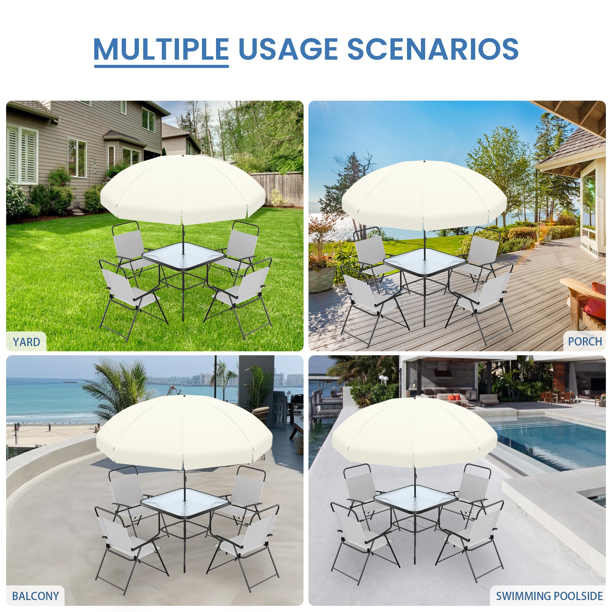 **UDPATIO 6-Piece Outdoor Patio Dining Set with Umbrella - 4 Folding Chairs & Tempered Glass Table - Perfect for Deck, Backyard, Poolside, Lawn, Garden - Weather-Resistant & Space-Saving Grey Furniture**    (场景补充: **Ideal for BBQs, Family Gatherings, and Relaxing Outdoors**)