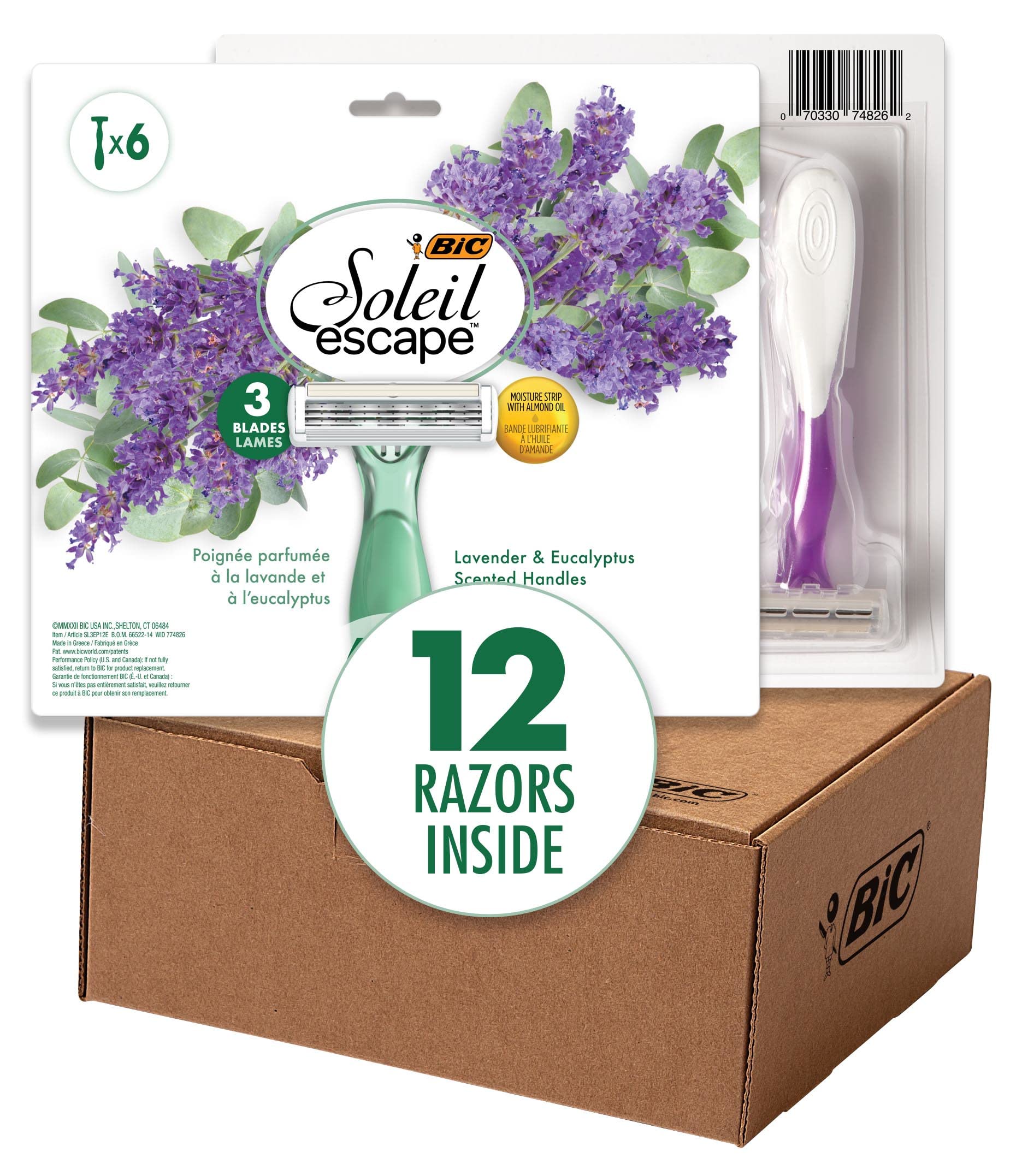 BIC Soleil Escape Women's Disposable 3-Blade Razors - Lavender & Eucalyptus Scented Handles - 12 Pack - Perfect for Bikini Line, Pubic Hair & Sensitive Skin - Smooth Shaving for Travel, Gym & Beach Days