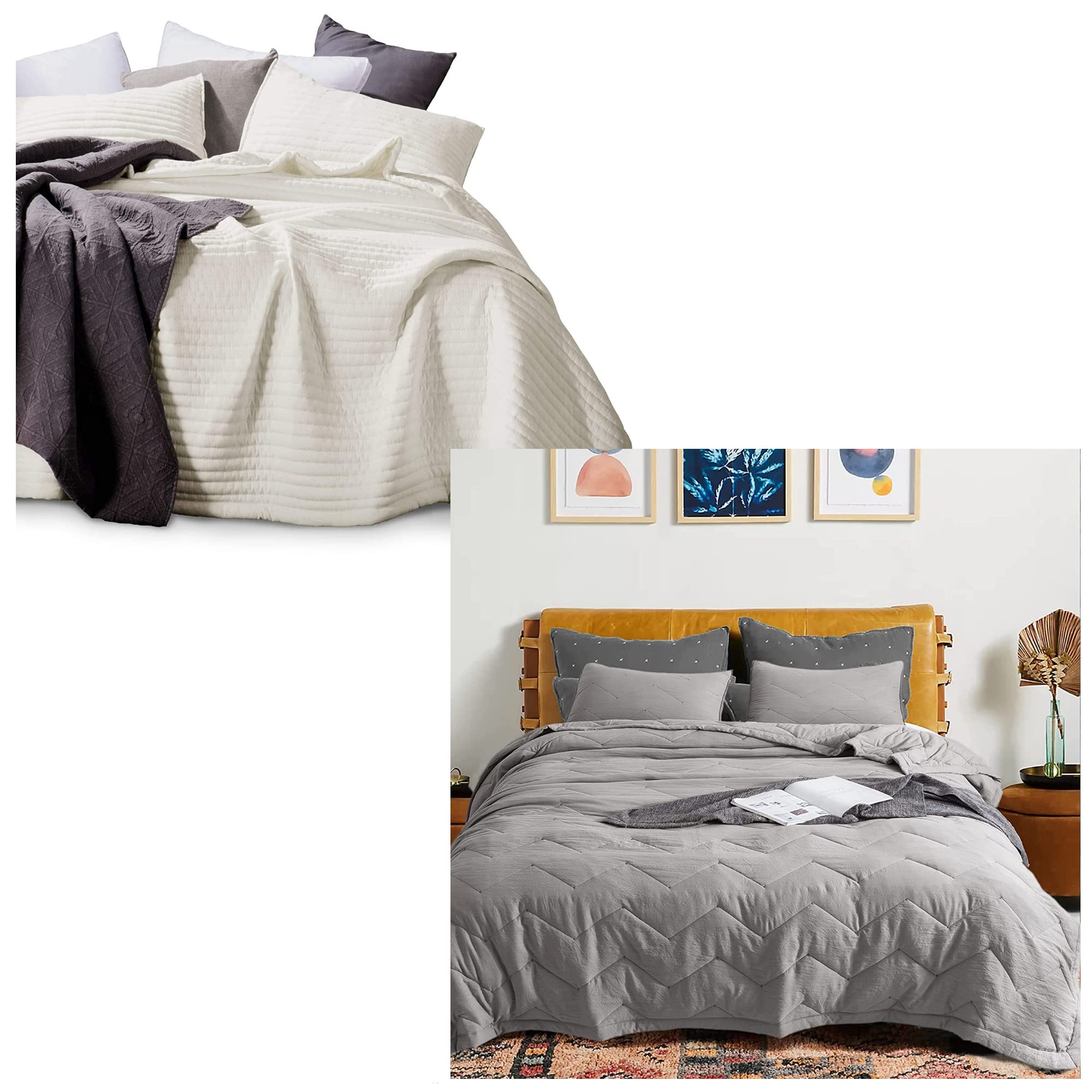 KASENTEX Ivory Queen Quilt Set with Grey Coverlet - Bedroom Decor